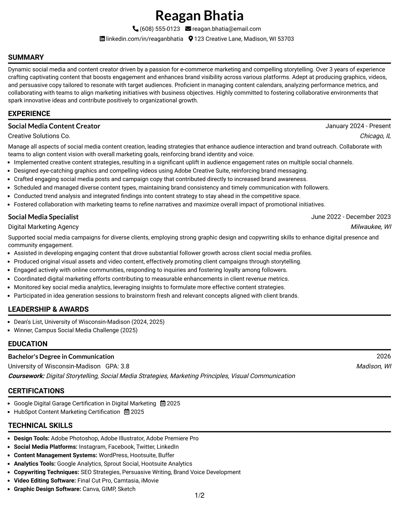 Resume Example Page 1