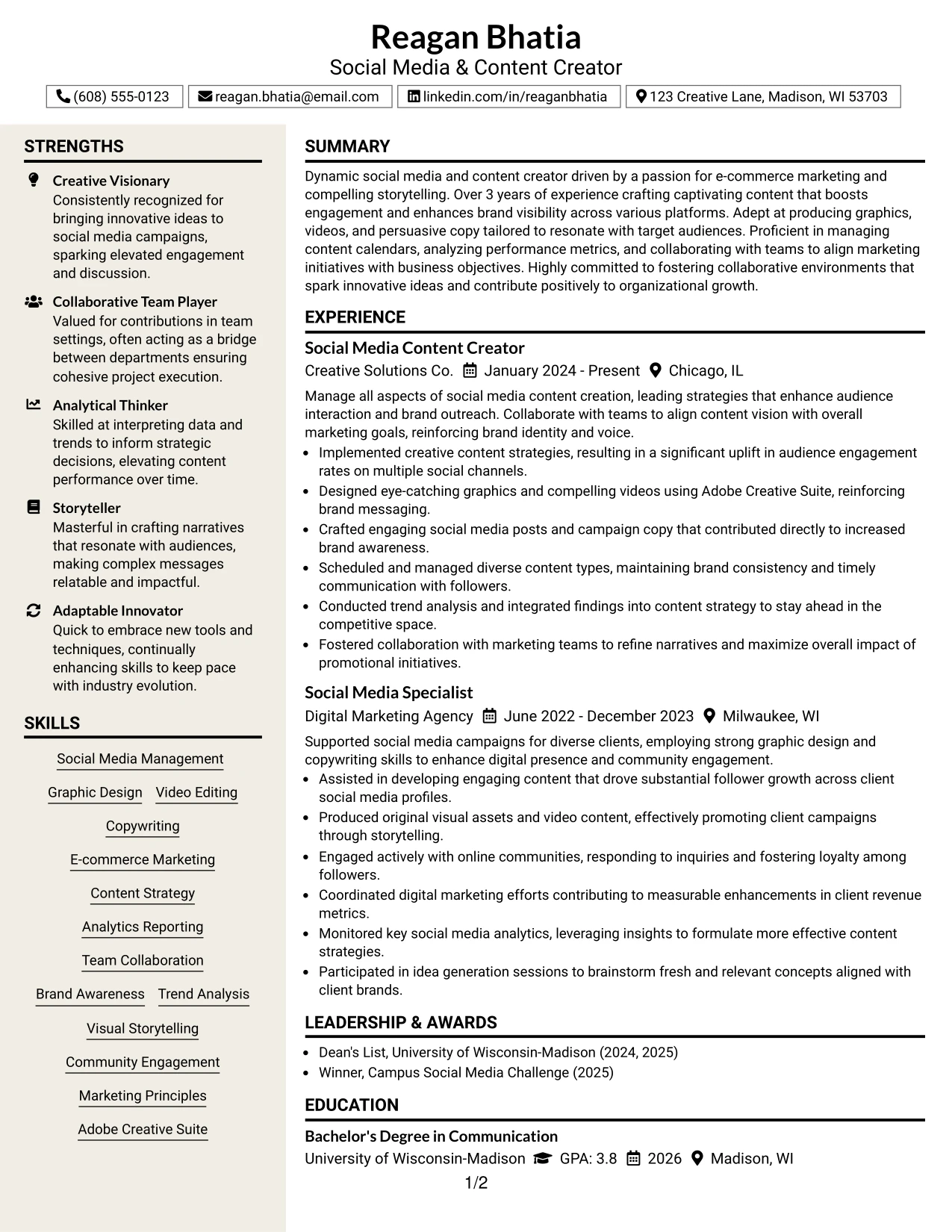 Resume Example Page 1