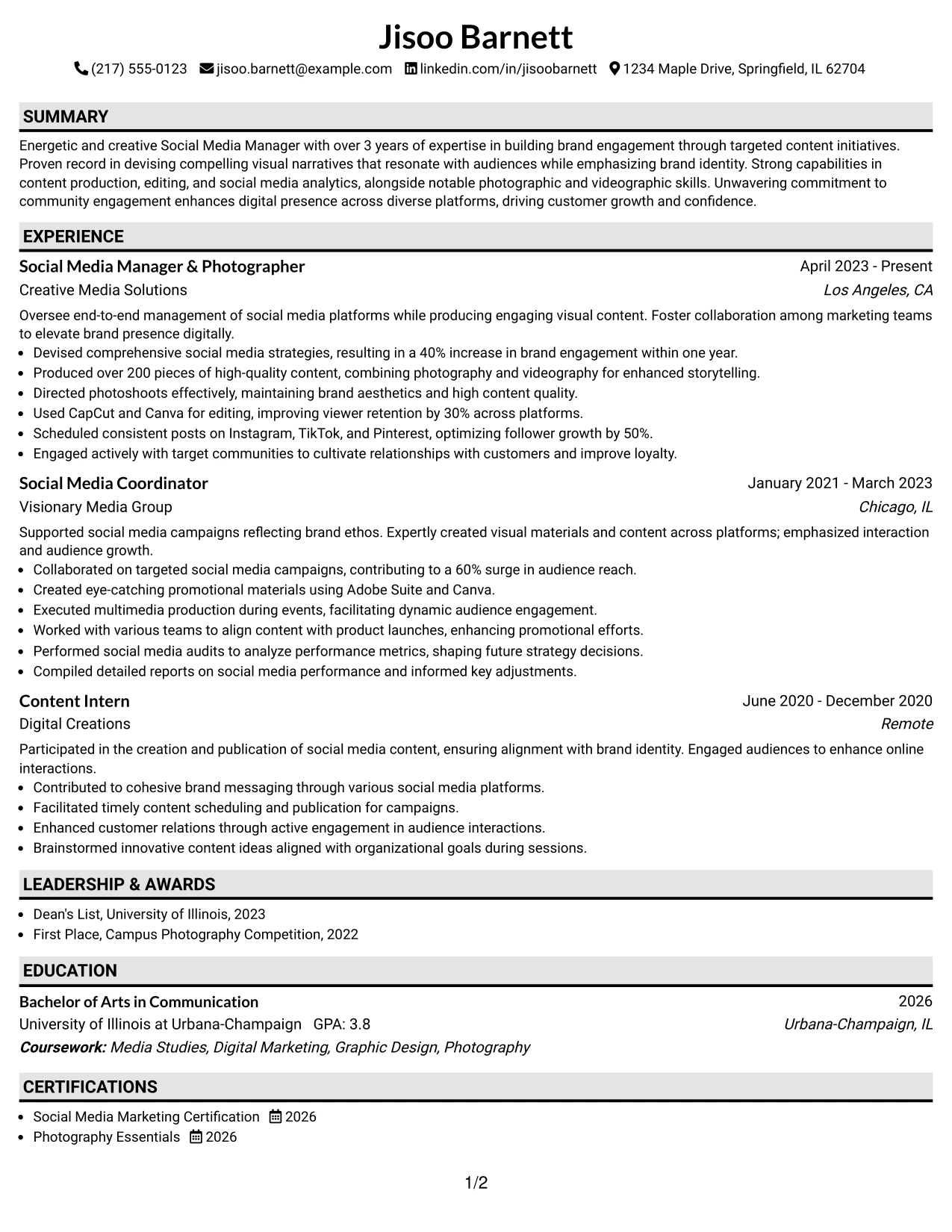 Resume Example Page 1