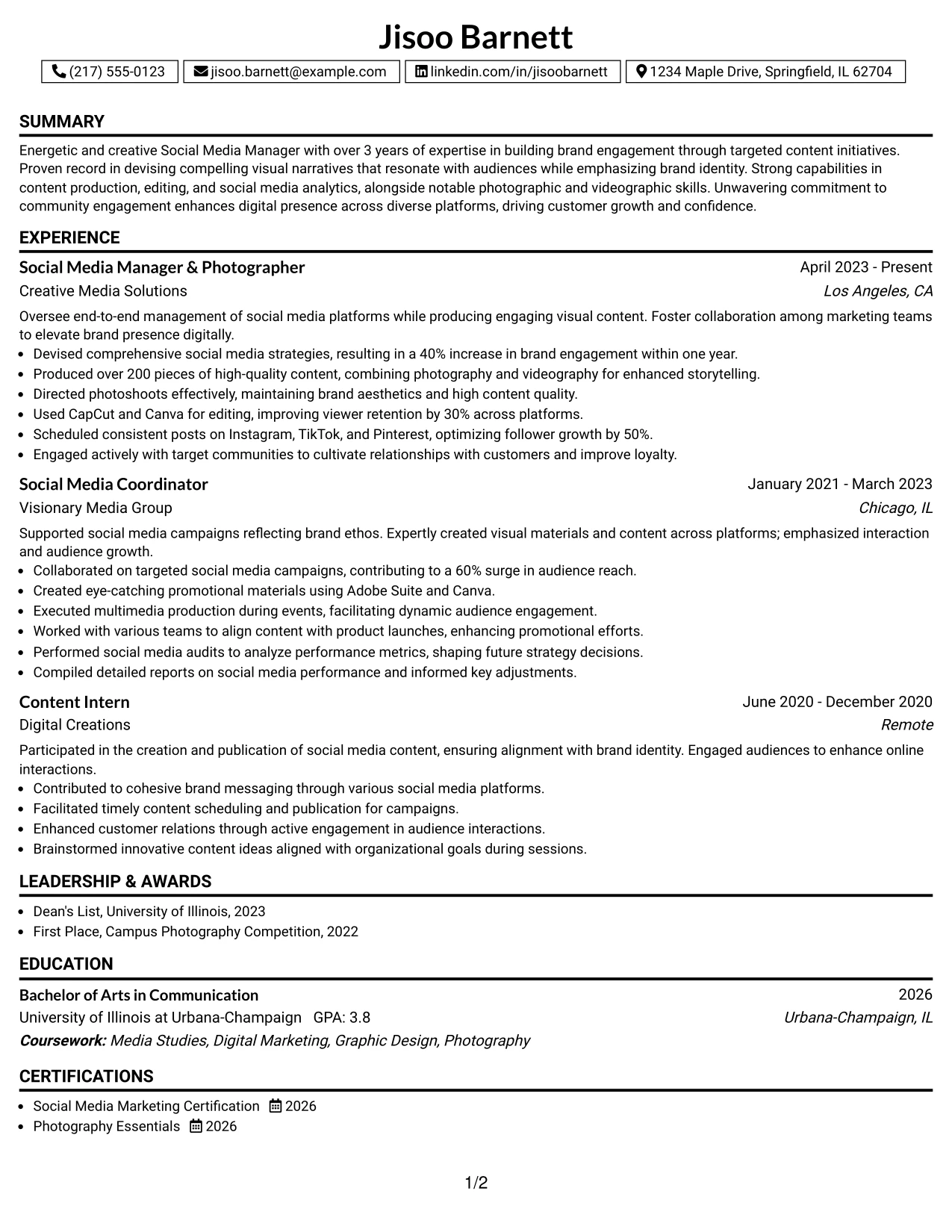 Resume Example Page 1