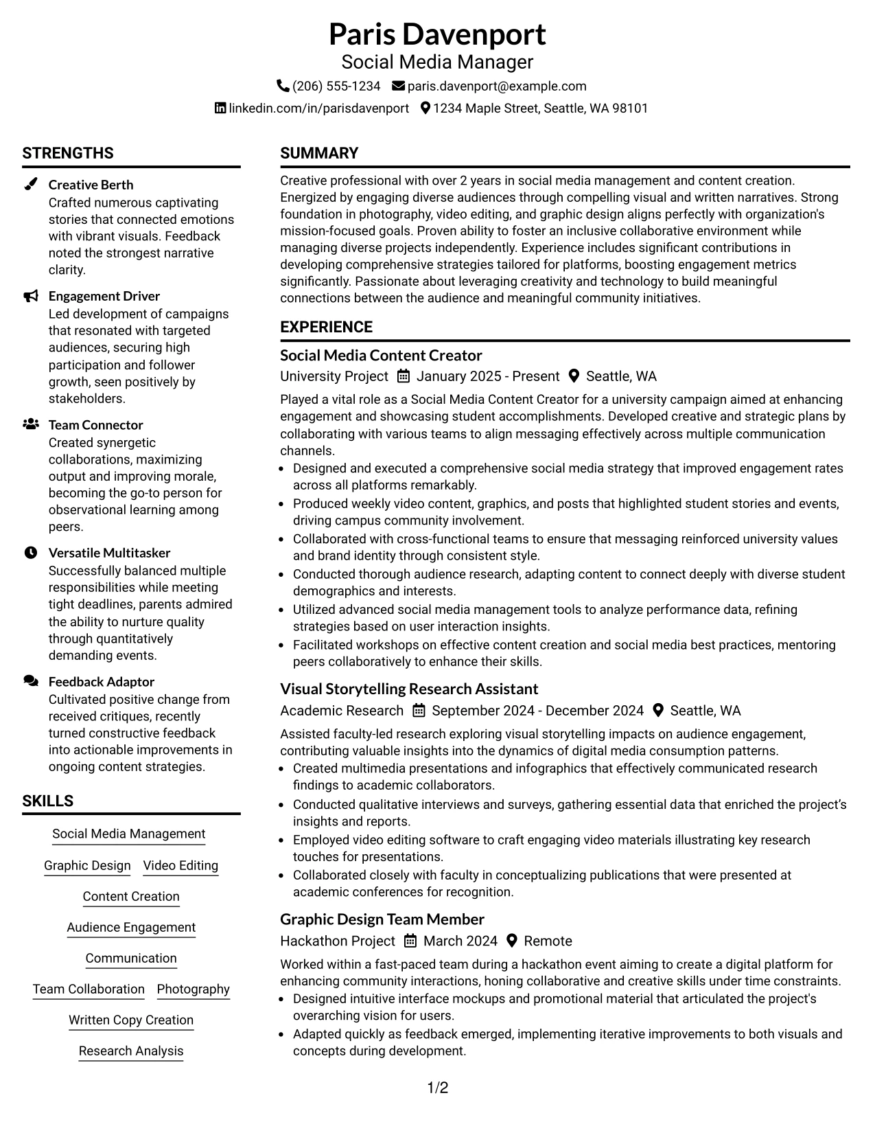 Resume Example Page 1