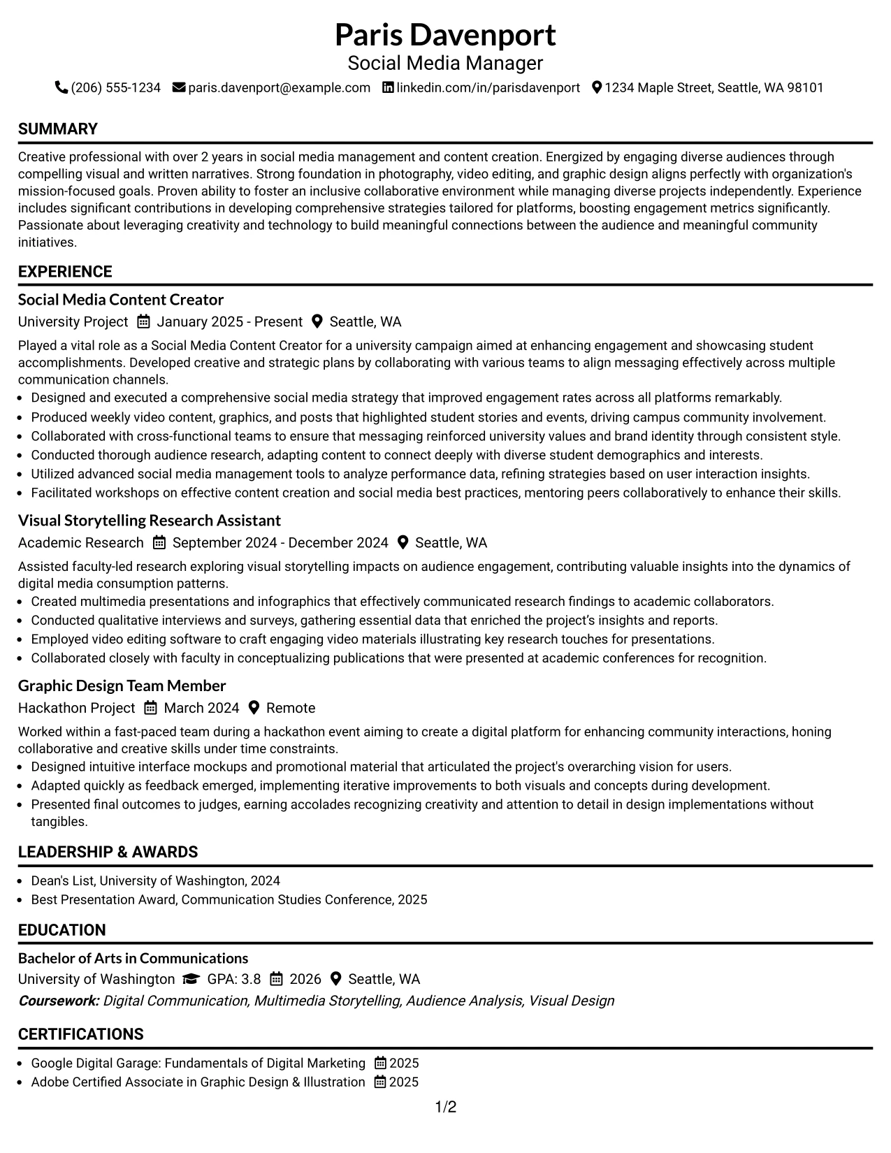 Resume Example Page 1