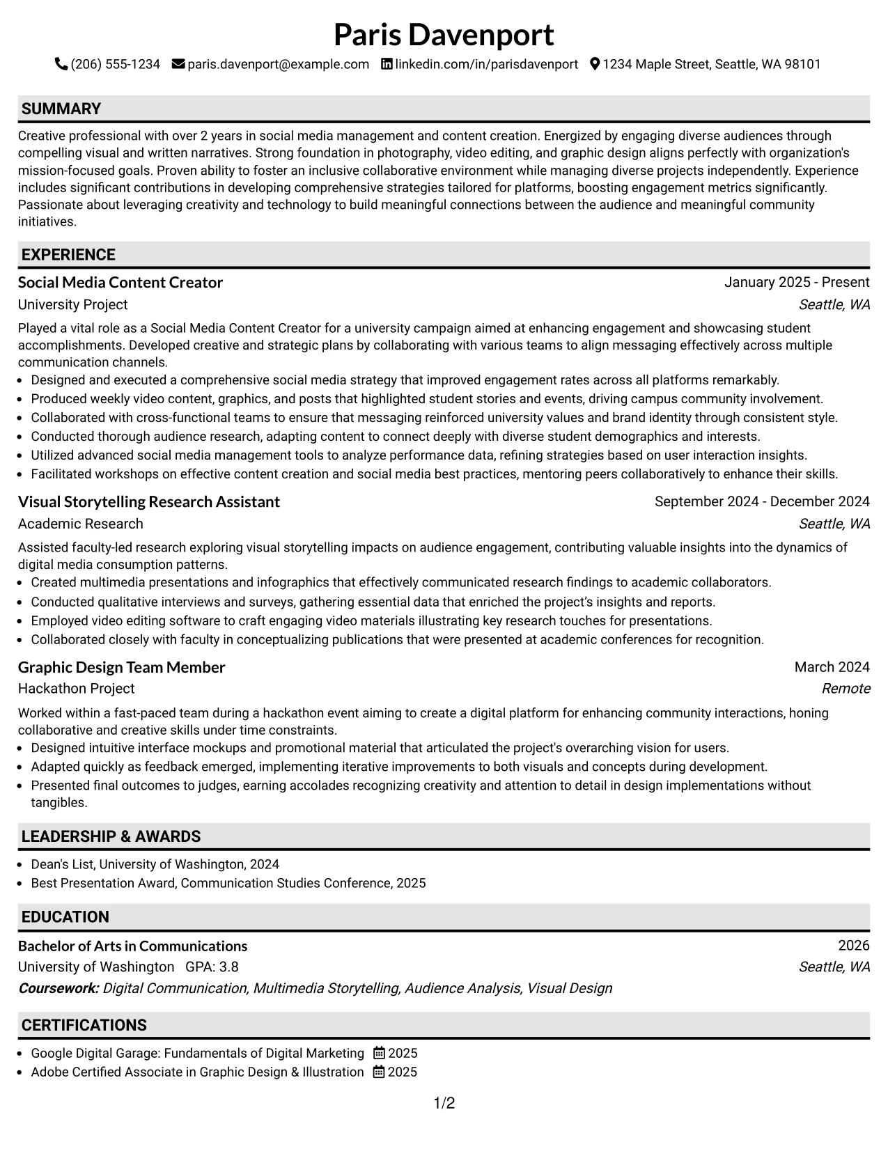 Resume Example Page 1