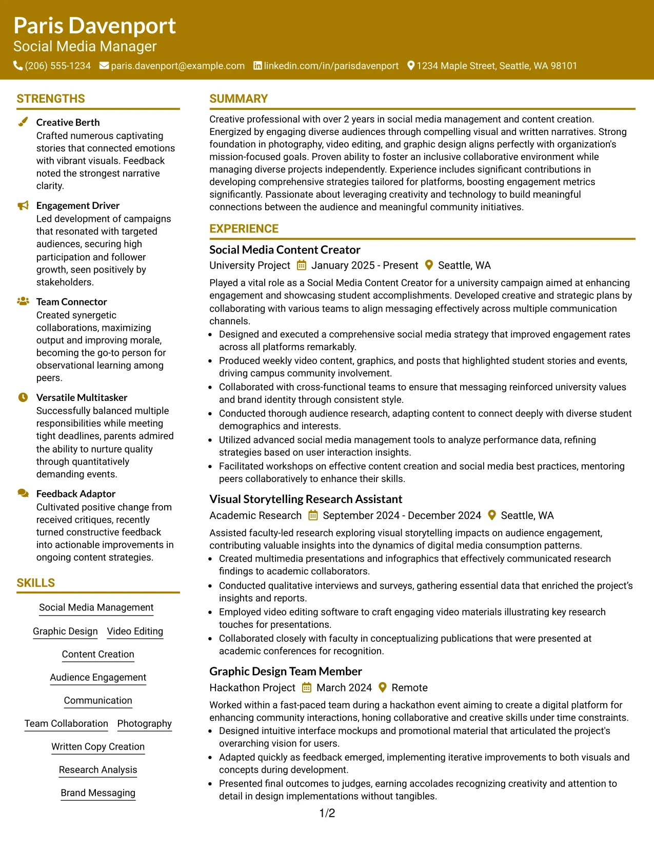 Resume Example Page 1