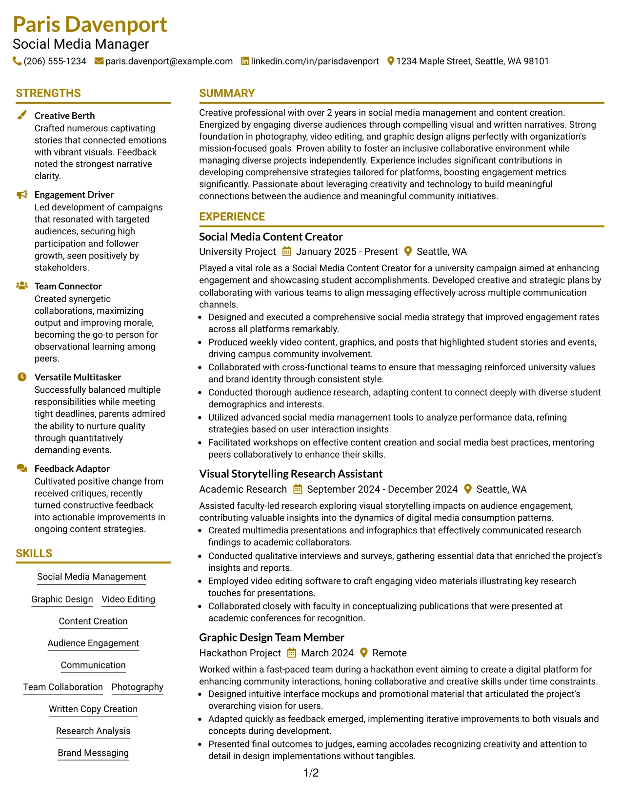 Resume Example Page 1