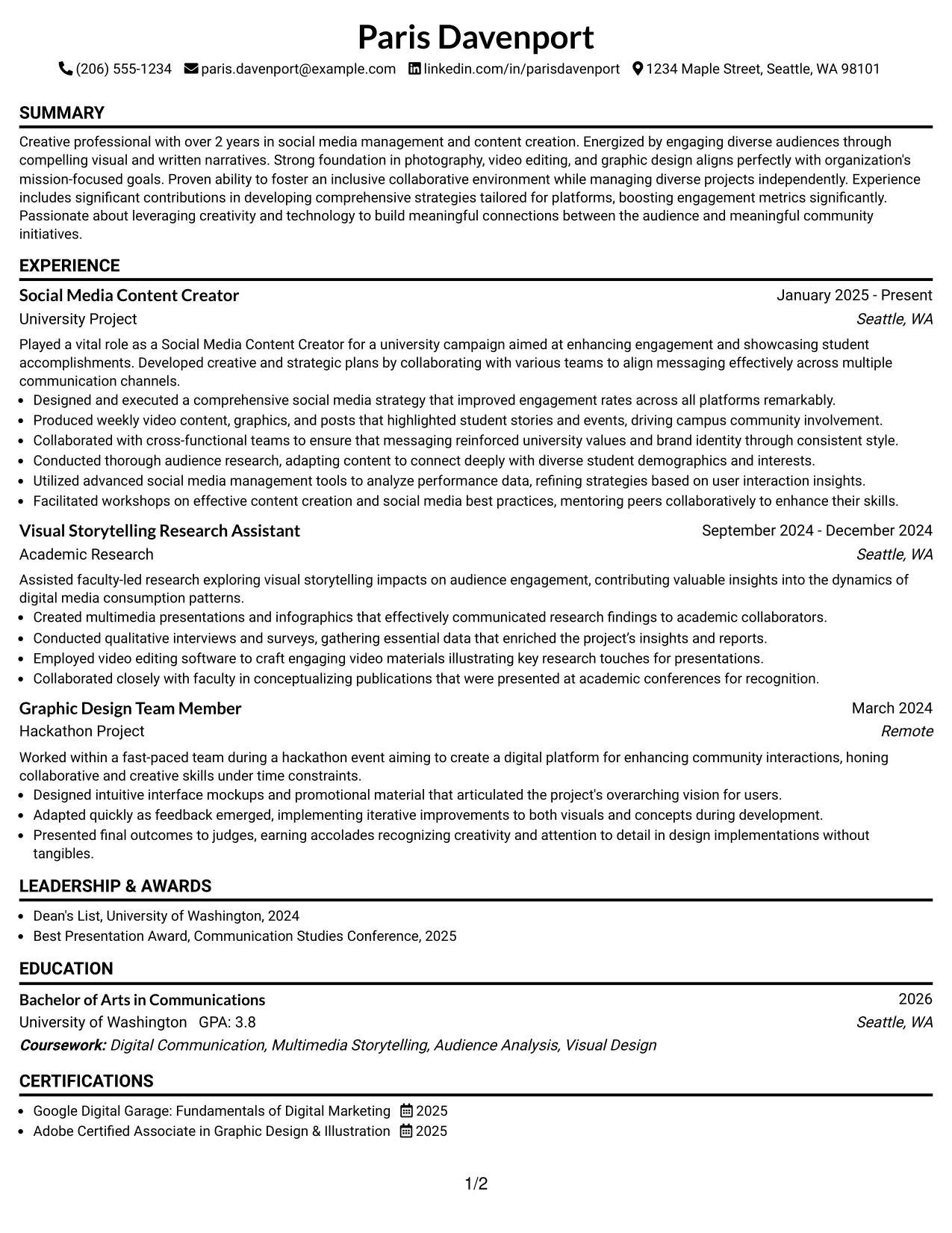 Resume Example Page 1