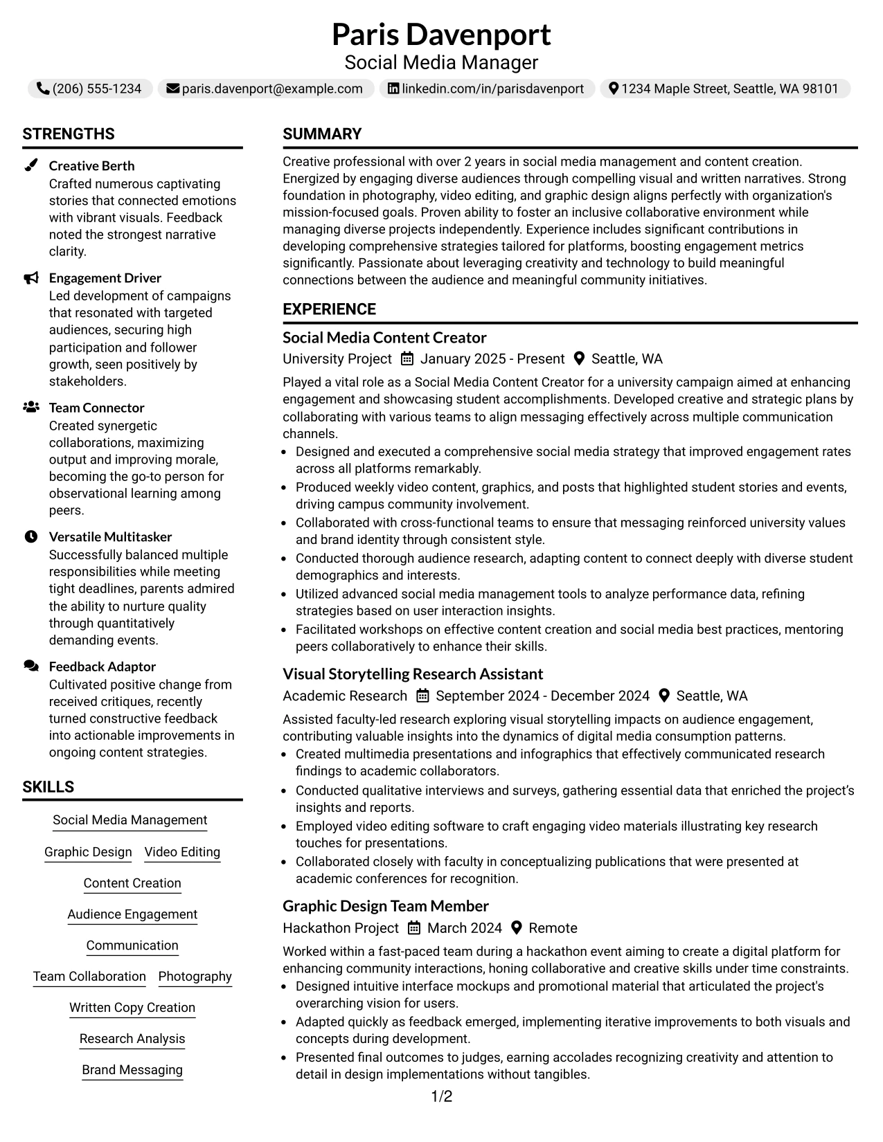 Resume Example Page 1