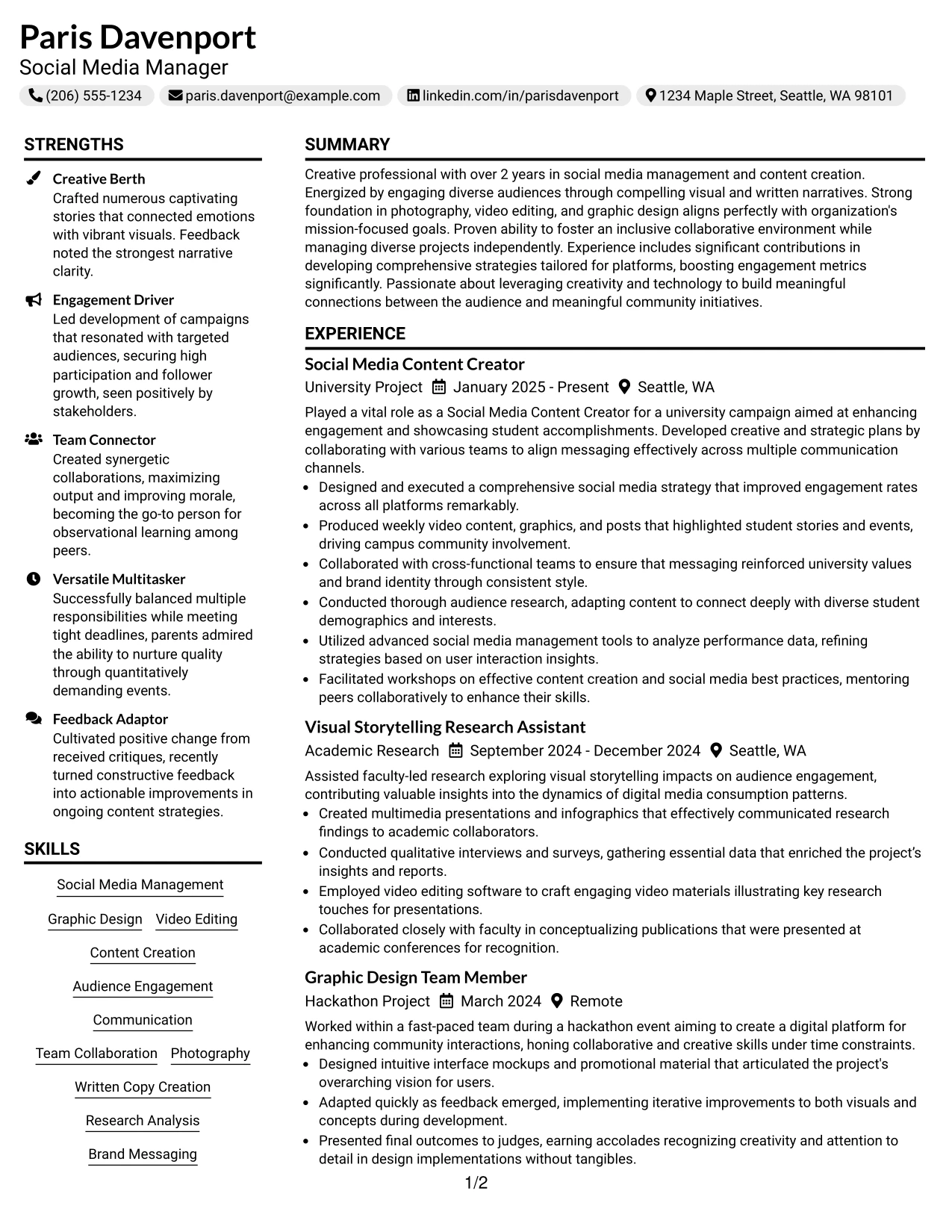 Resume Example Page 1