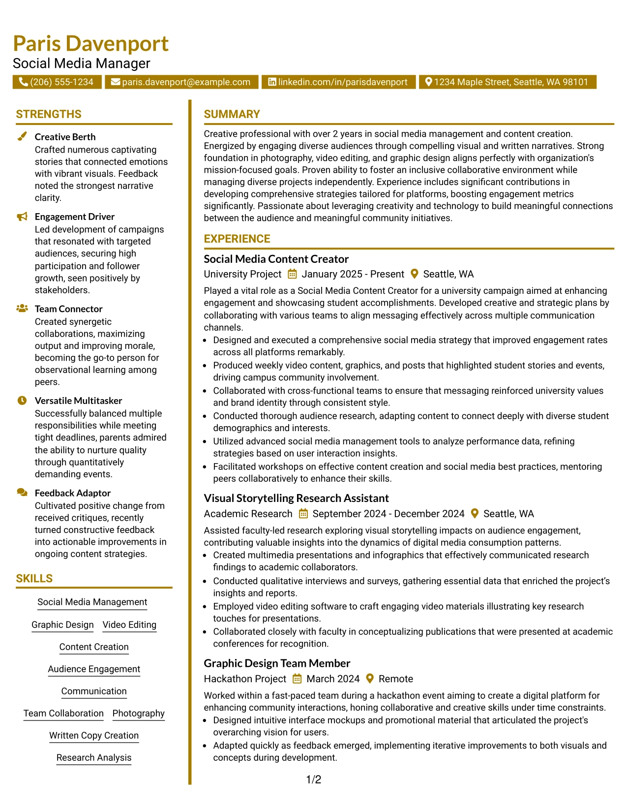 Resume Example Page 1