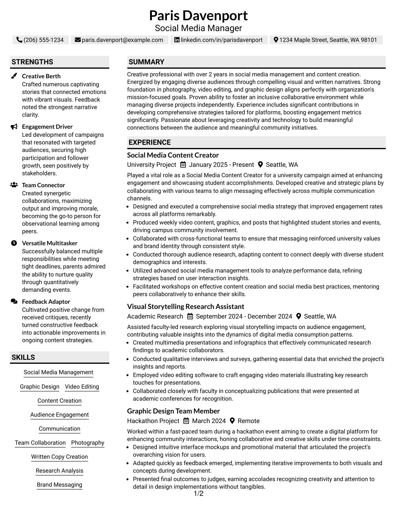 Resume Example Page 1
