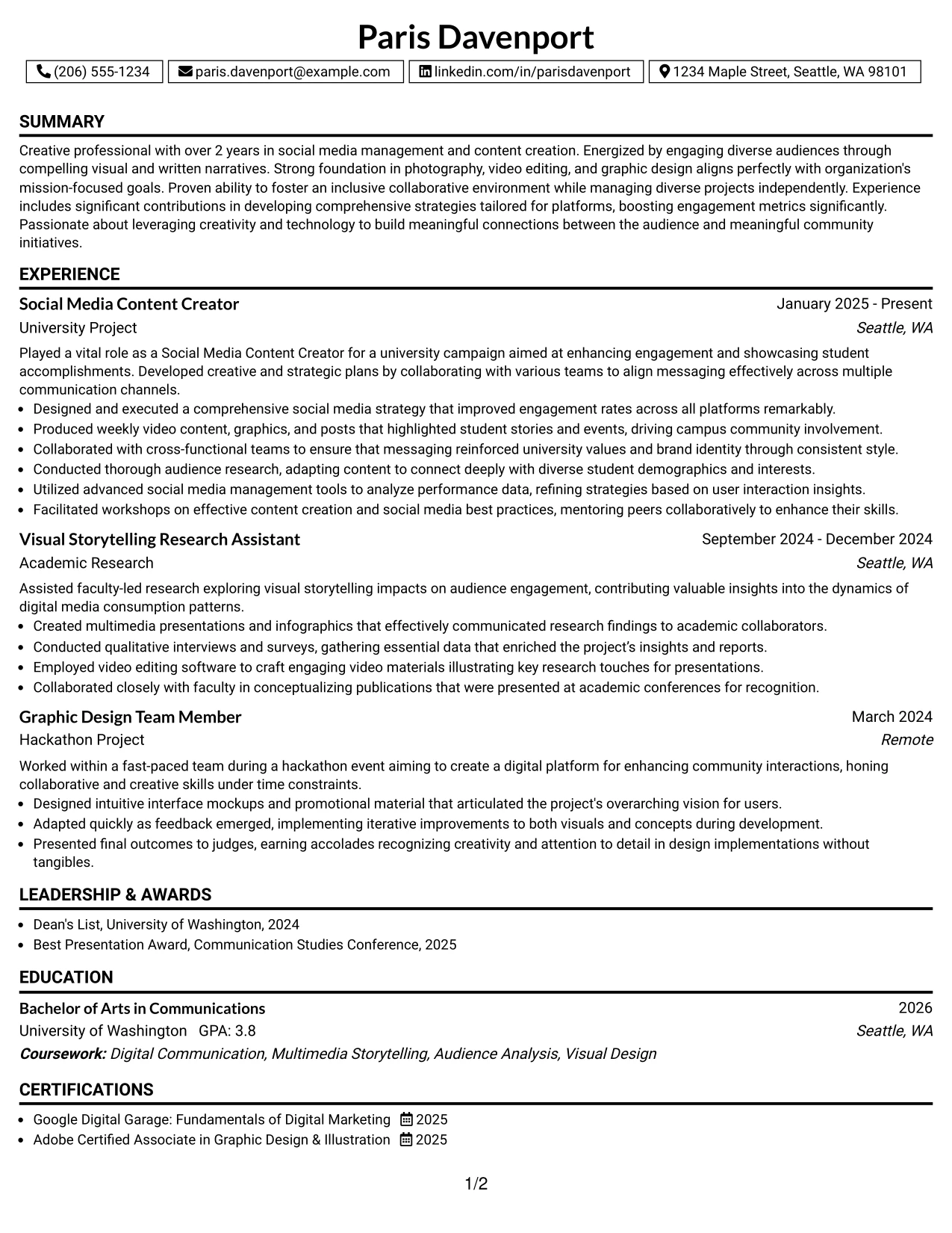 Resume Example Page 1
