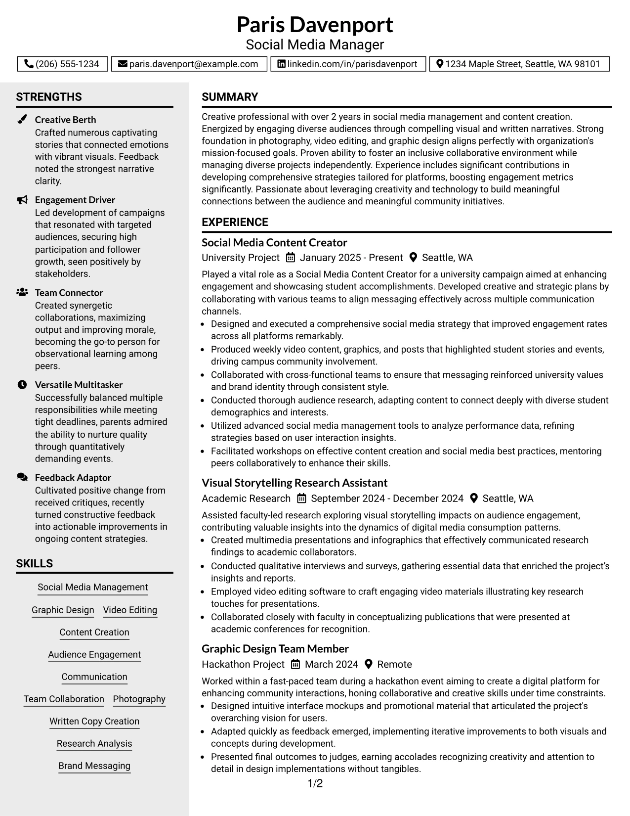 Resume Example Page 1