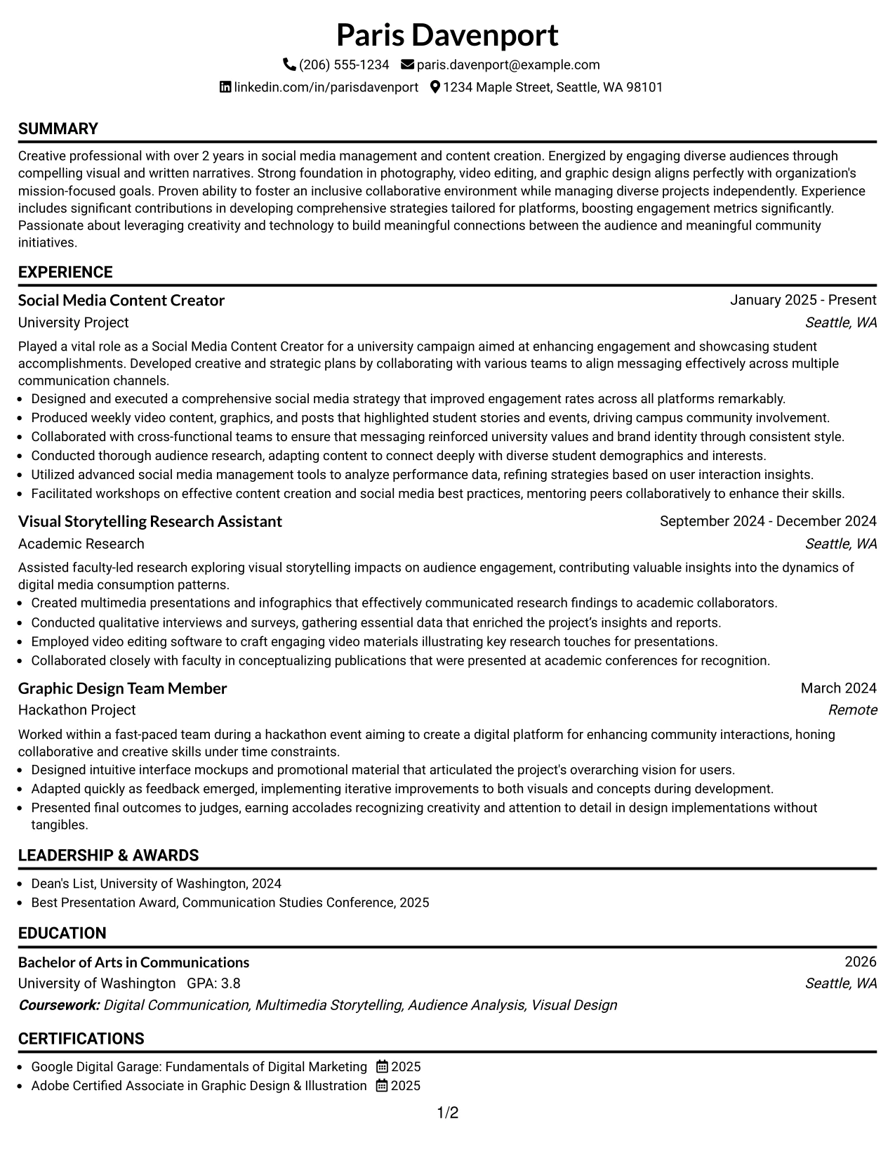 Resume Example Page 1