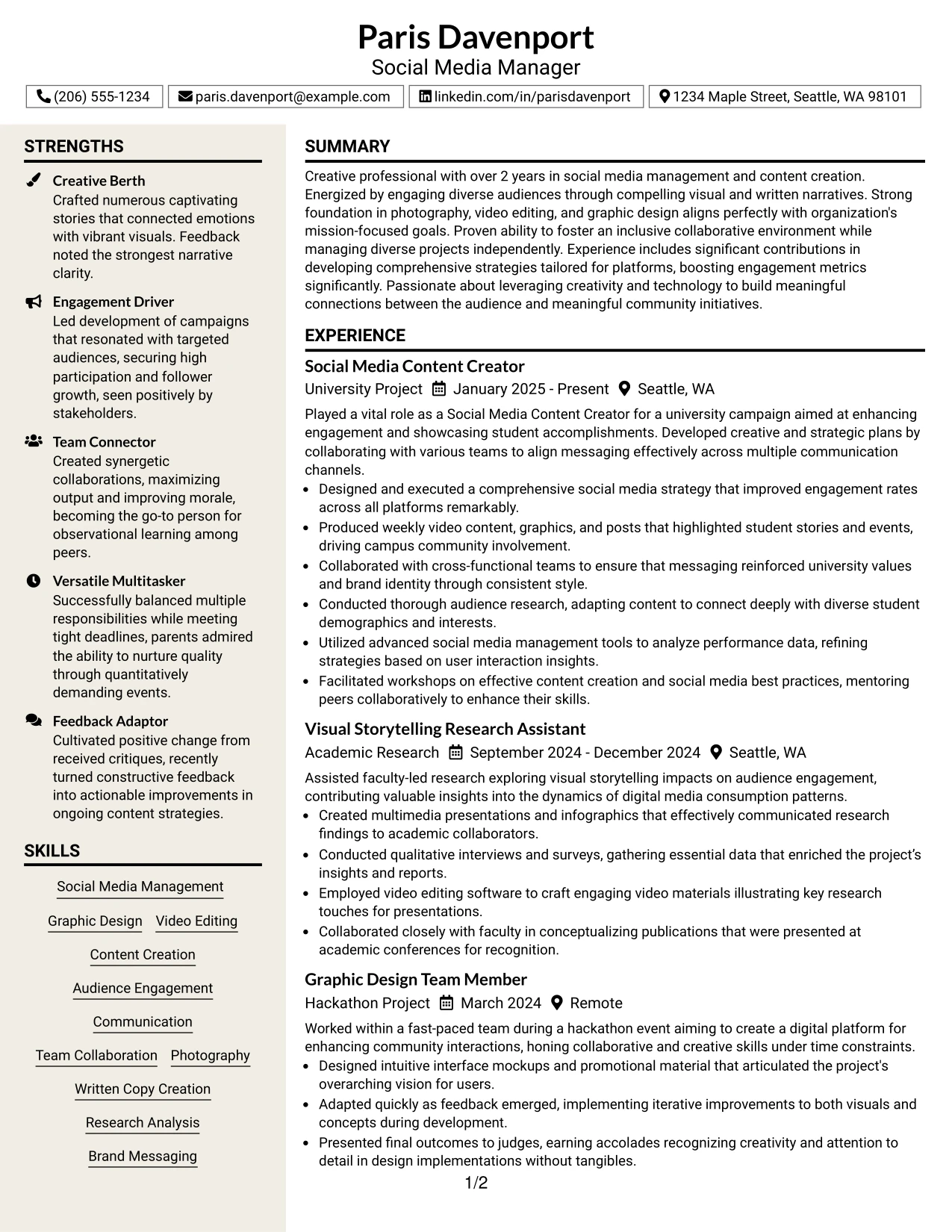 Resume Example Page 1