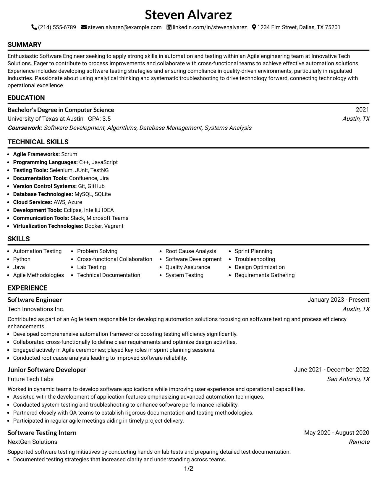 Resume Example Page 1