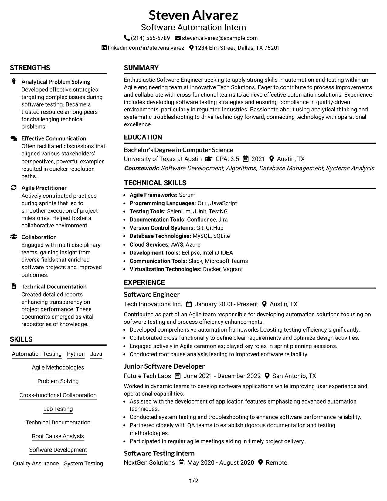 Resume Example Page 1