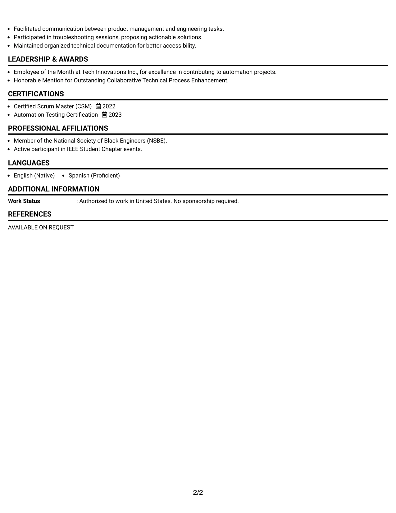 Resume Example Page 2