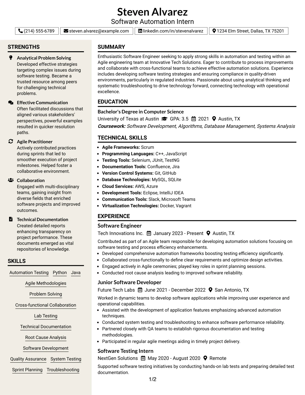 Resume Example Page 1