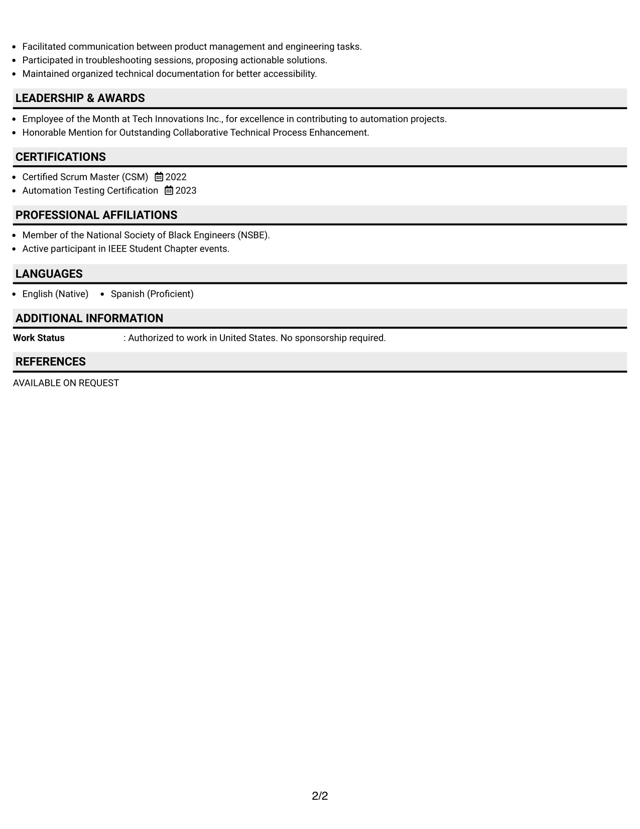 Resume Example Page 2