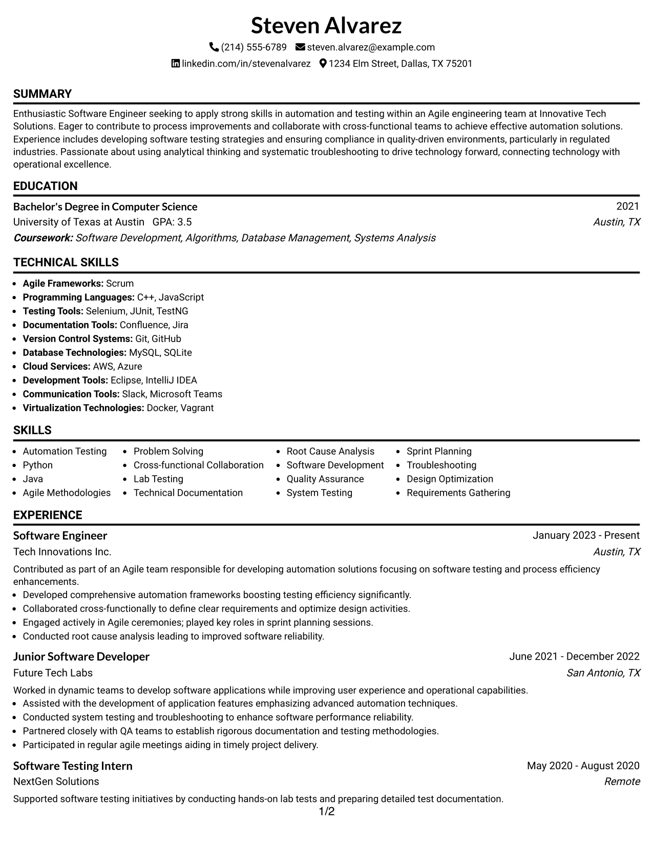 Resume Example Page 1