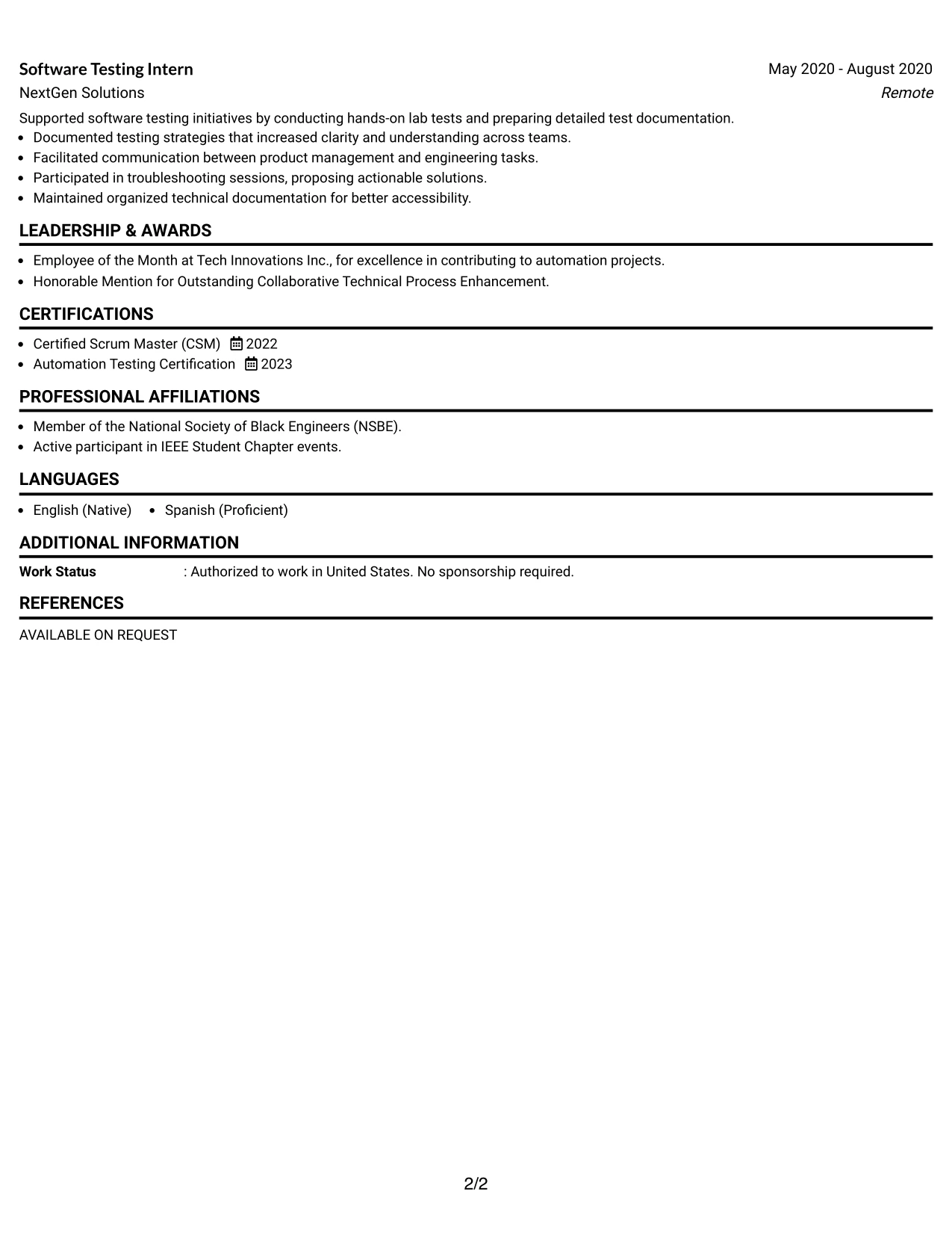 Resume Example Page 2