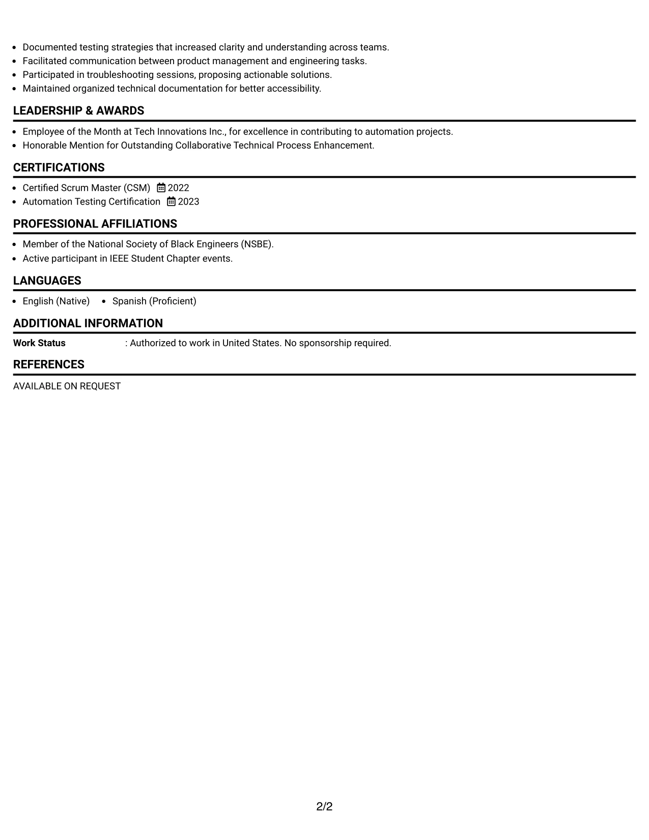 Resume Example Page 2