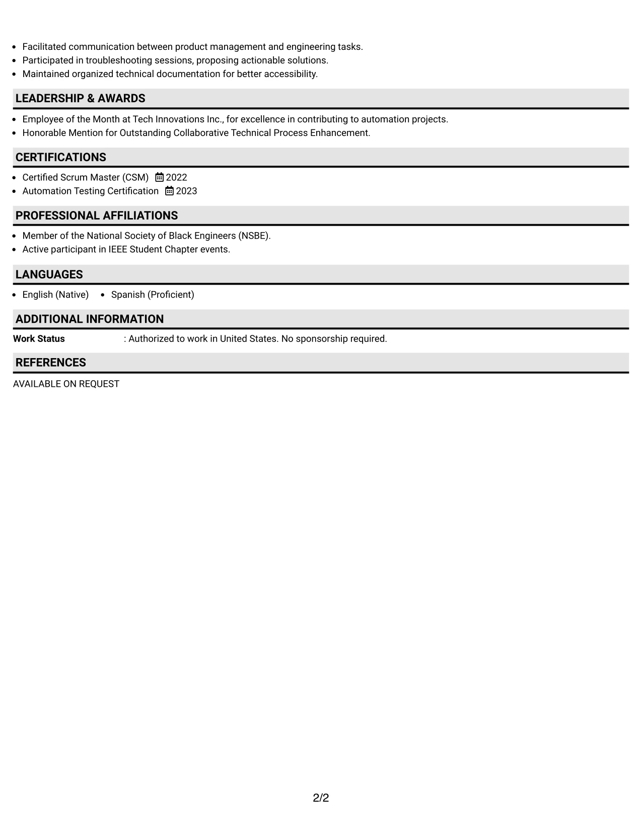 Resume Example Page 2