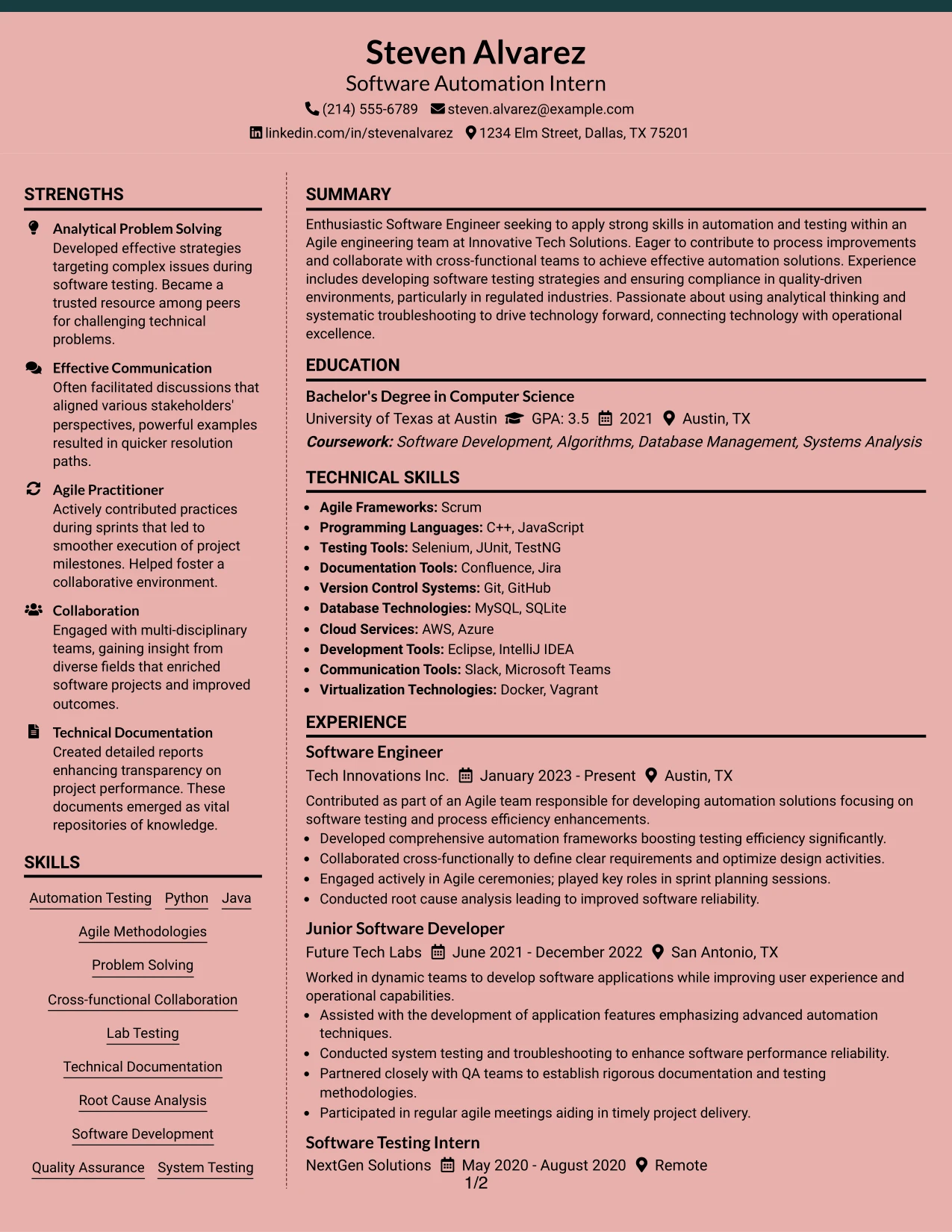 Resume Example Page 1
