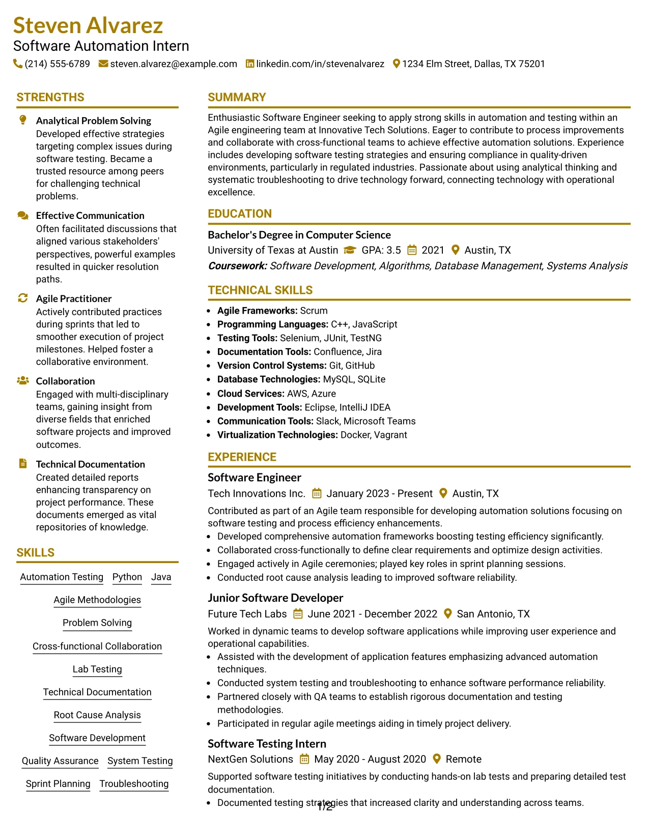 Resume Example Page 1