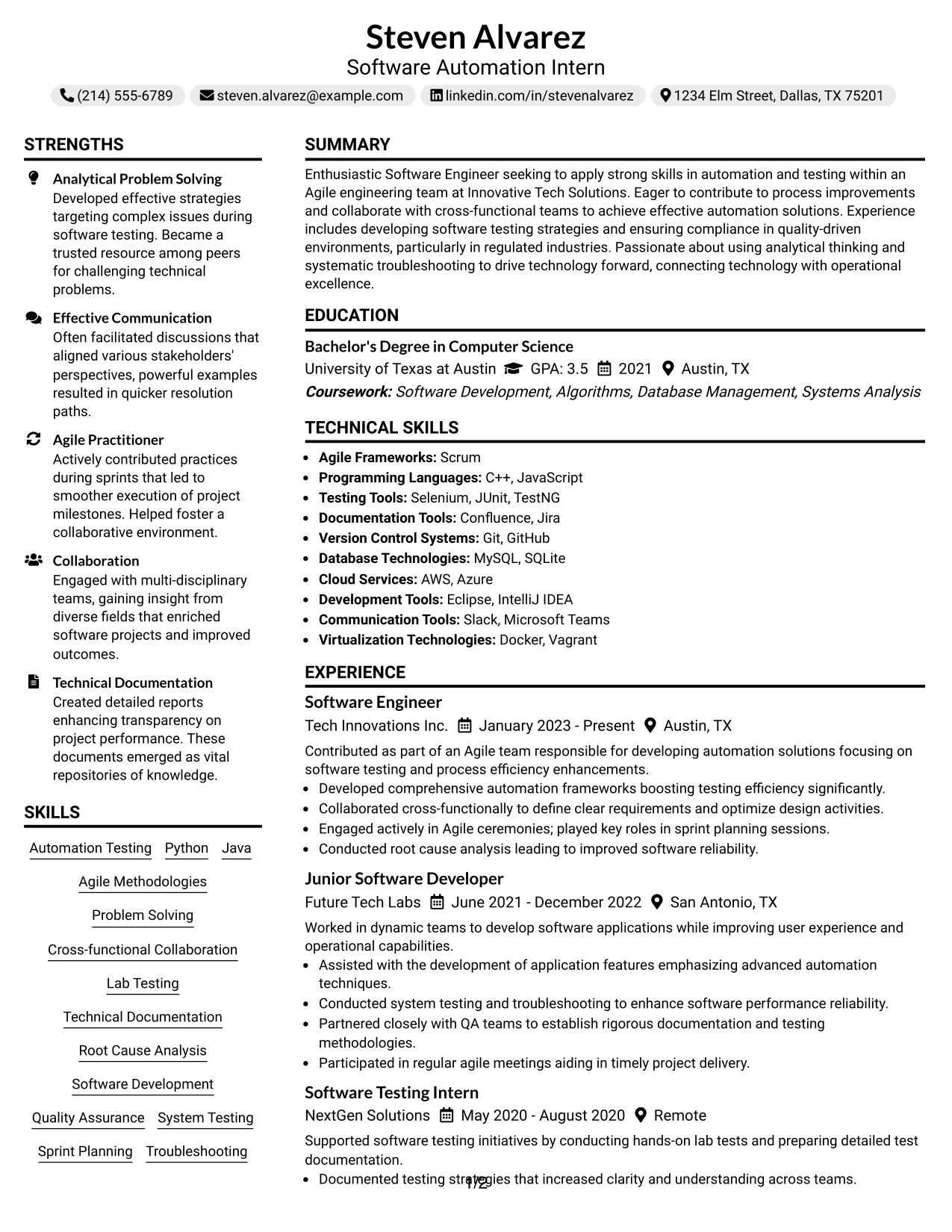 Resume Example Page 1