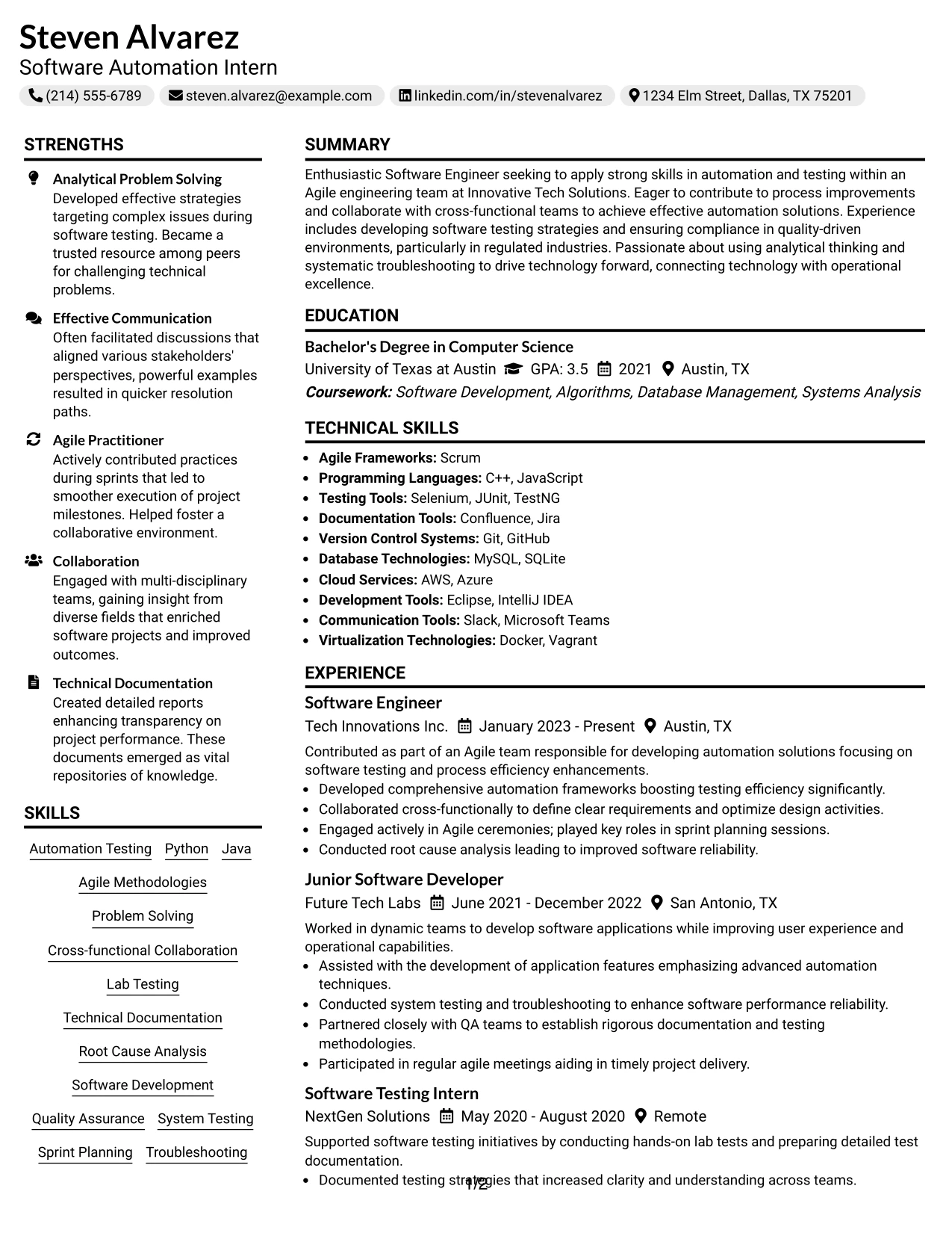 Resume Example Page 1