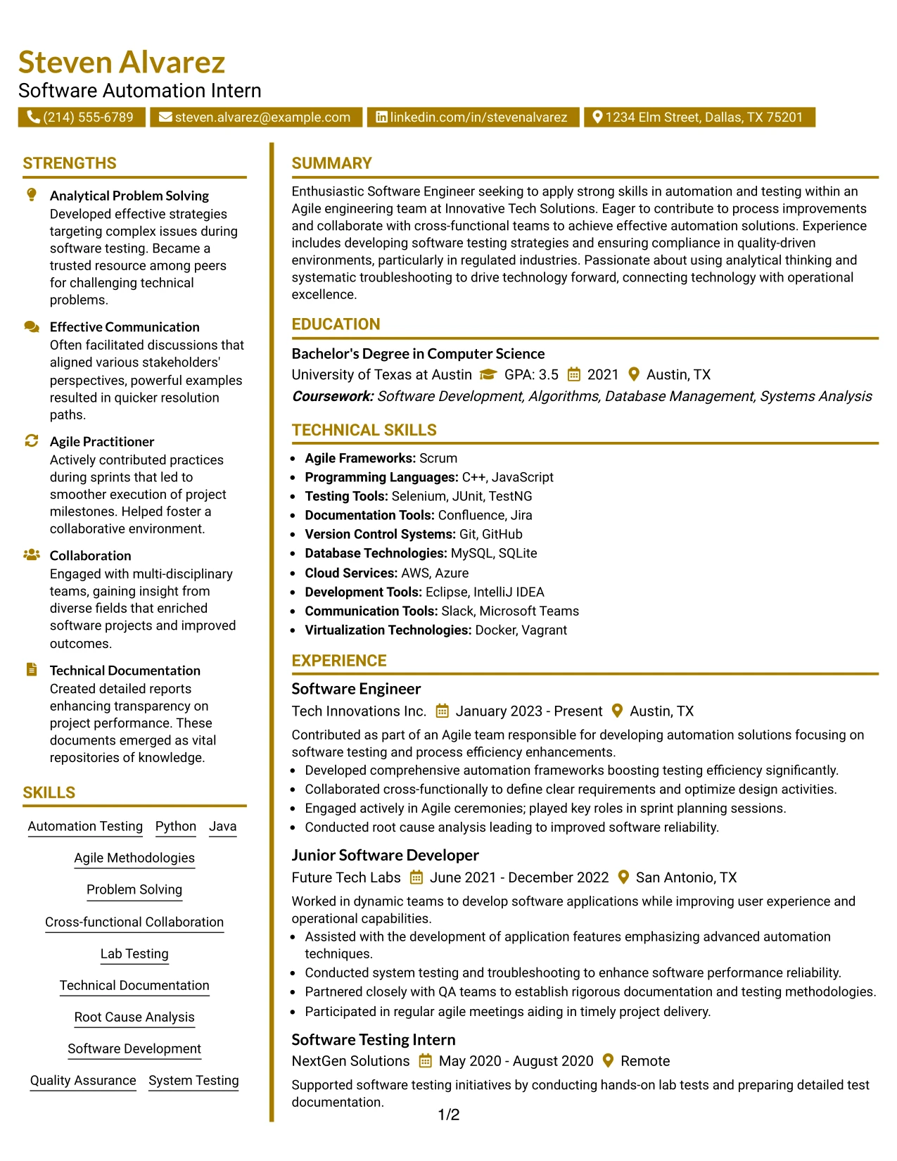 Resume Example Page 1