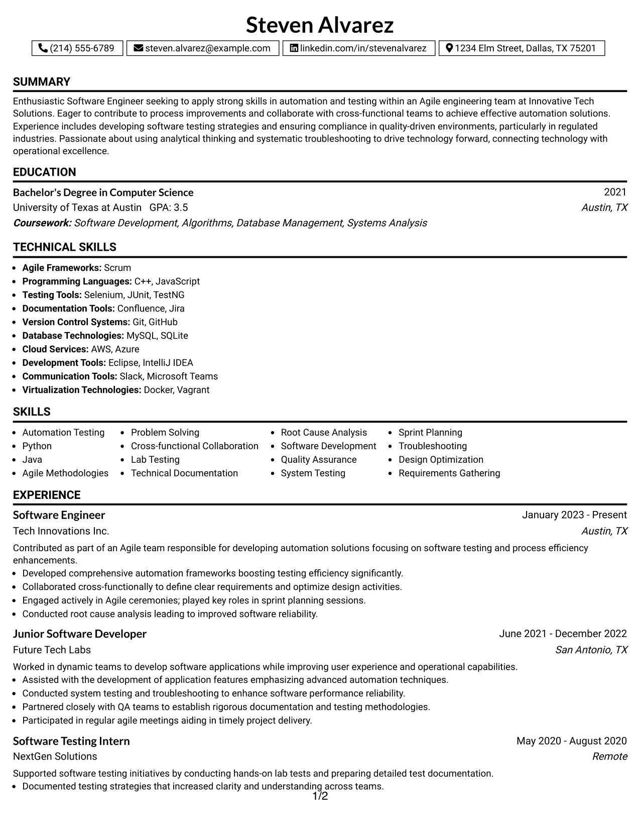Resume Example Page 1