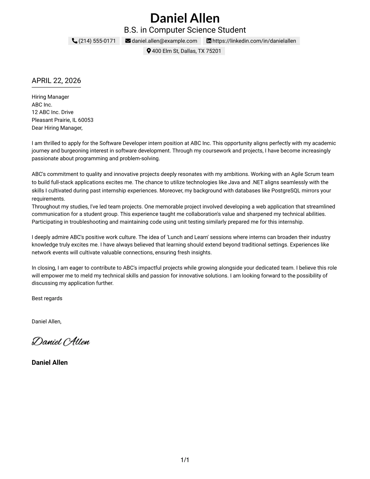 Software Developer Internship Cover Letter Example