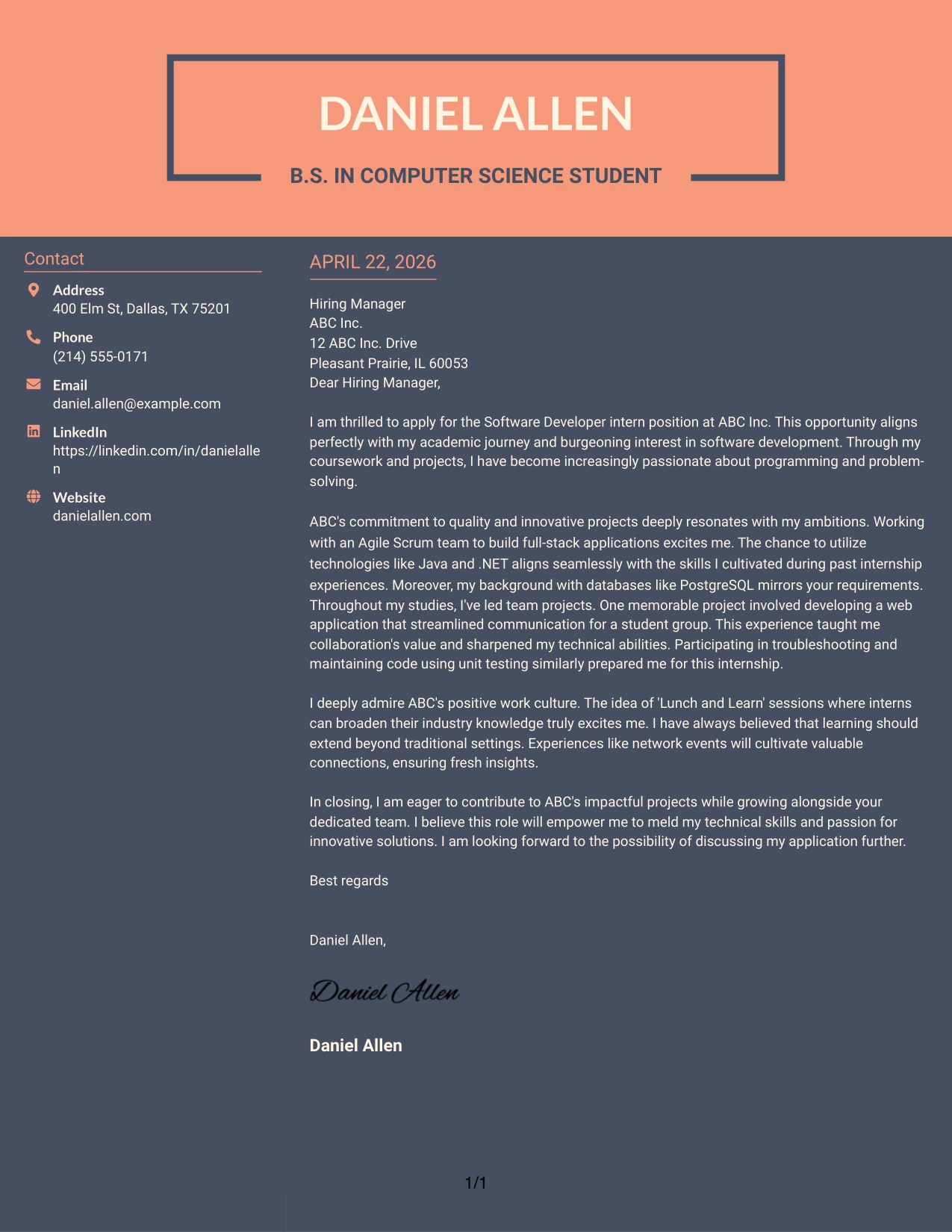 Software Developer Internship Cover Letter Example Creative Two Tone Format
