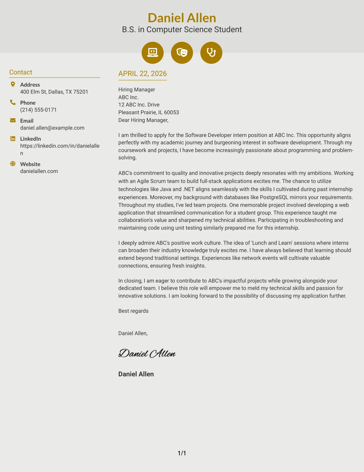 Software Developer Internship Cover Letter Example Modern Icon Format