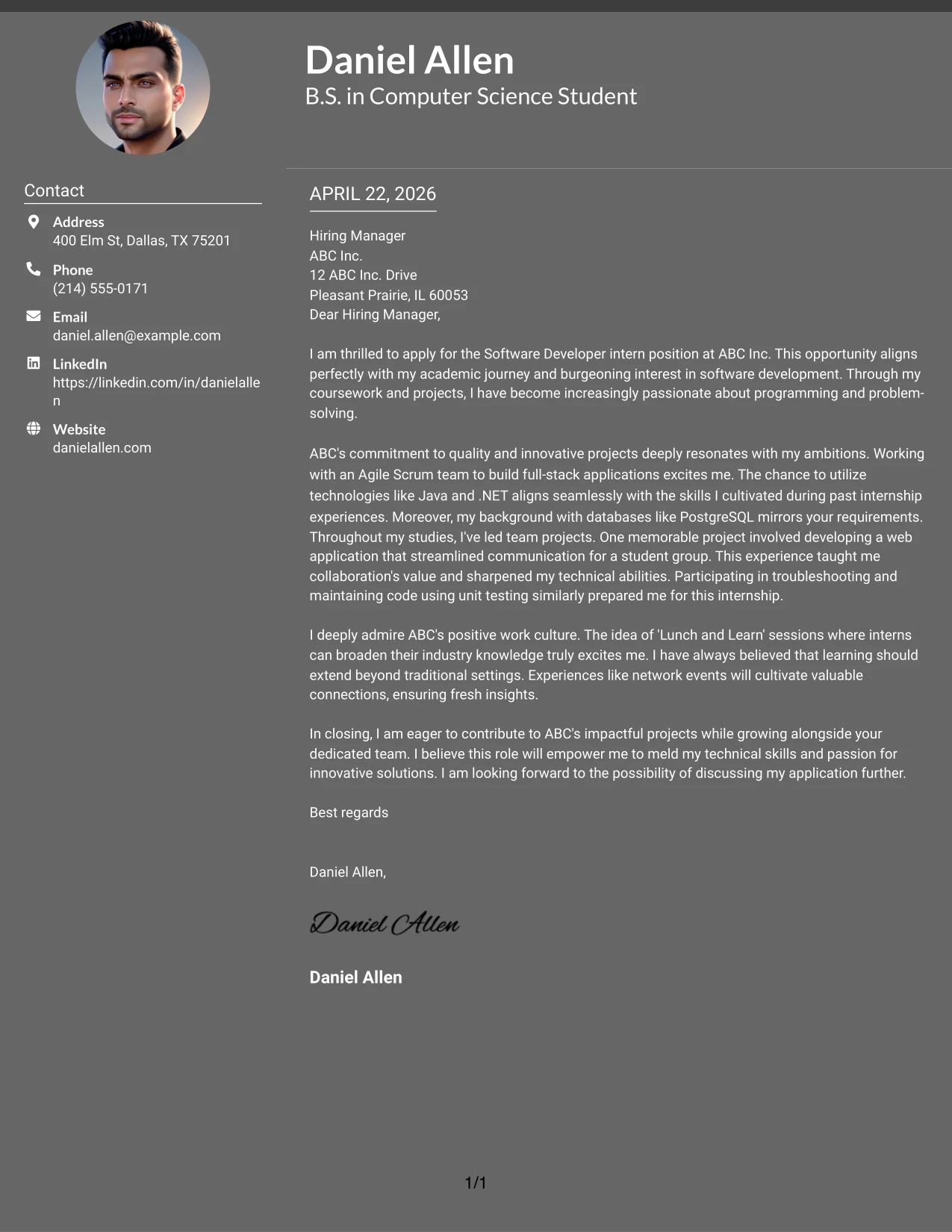 Software Developer Internship Cover Letter Example Dark Mode Two Column Format