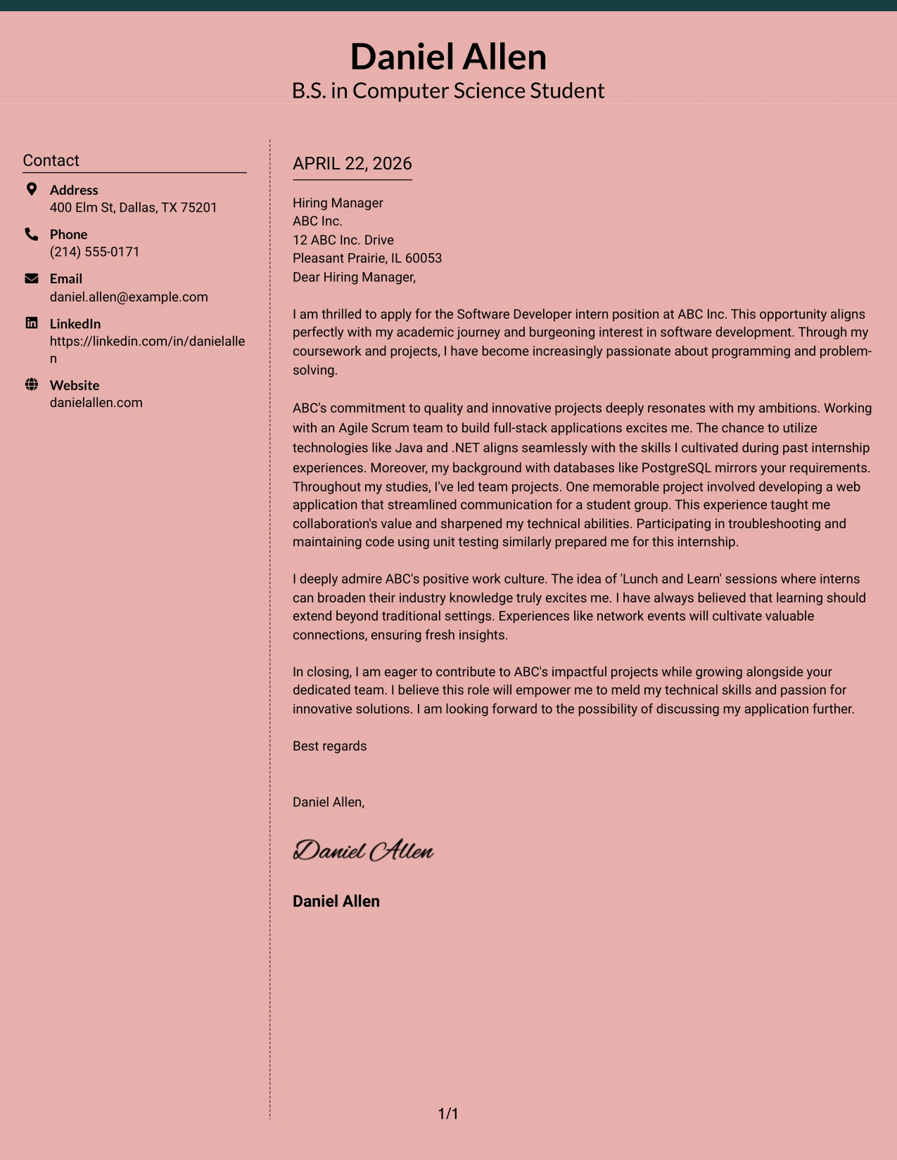 Software Developer Internship Cover Letter Example Elegant Full Background Two Column Format