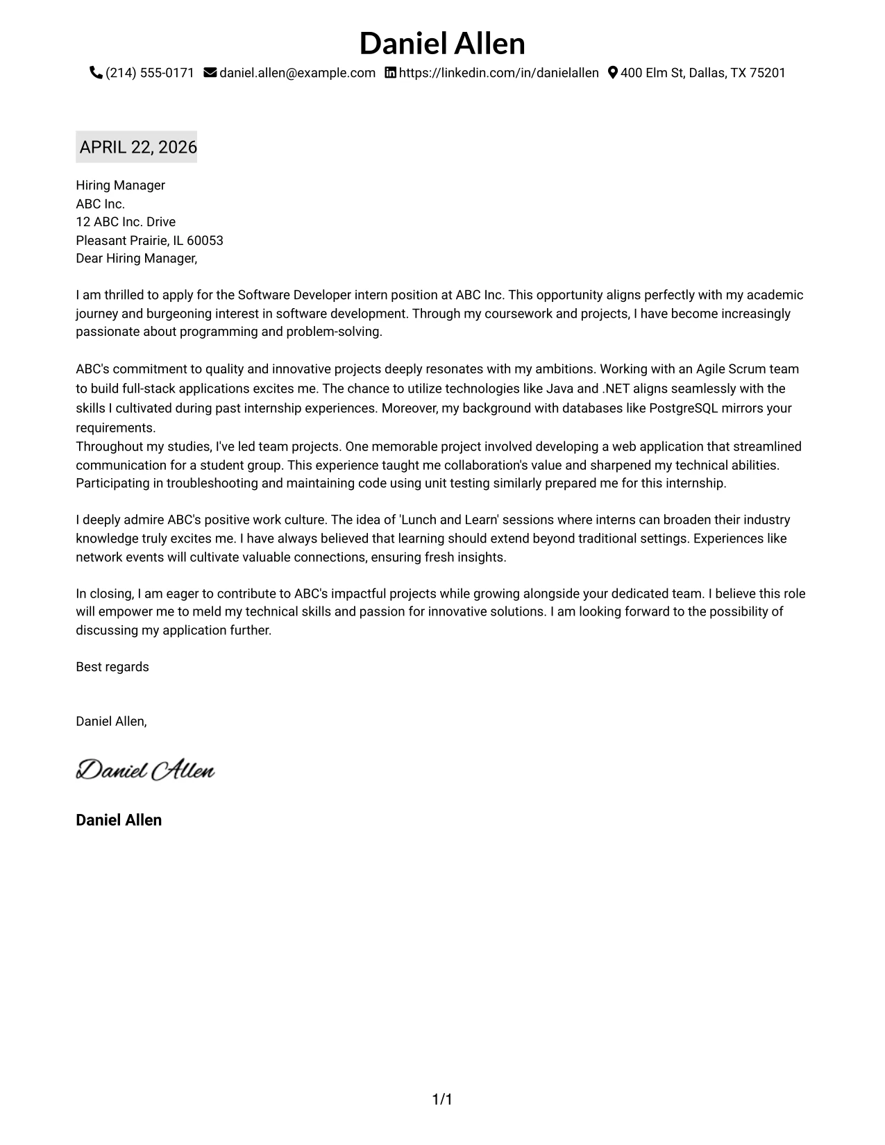 Software Developer Internship Cover Letter Example Plain One Column with Highlighted Date