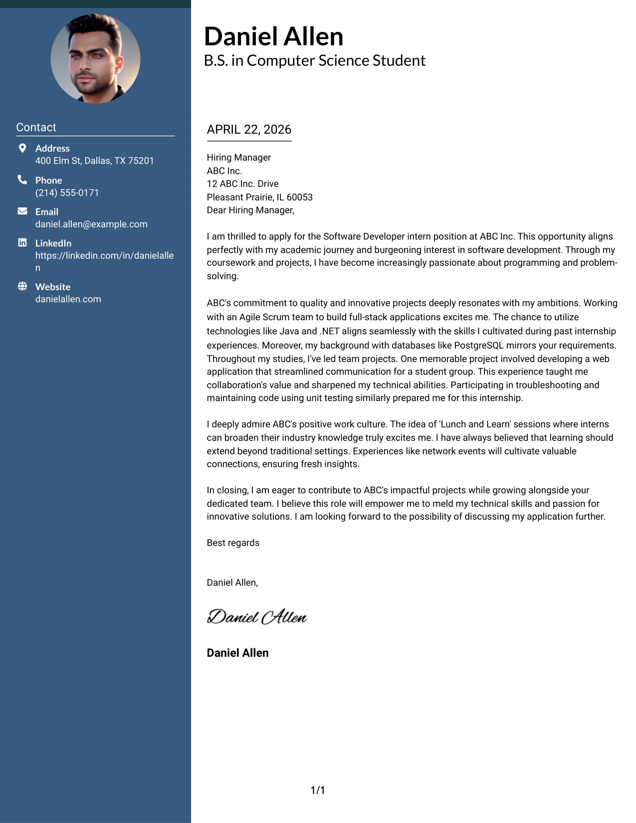 Software Developer Internship Cover Letter Example