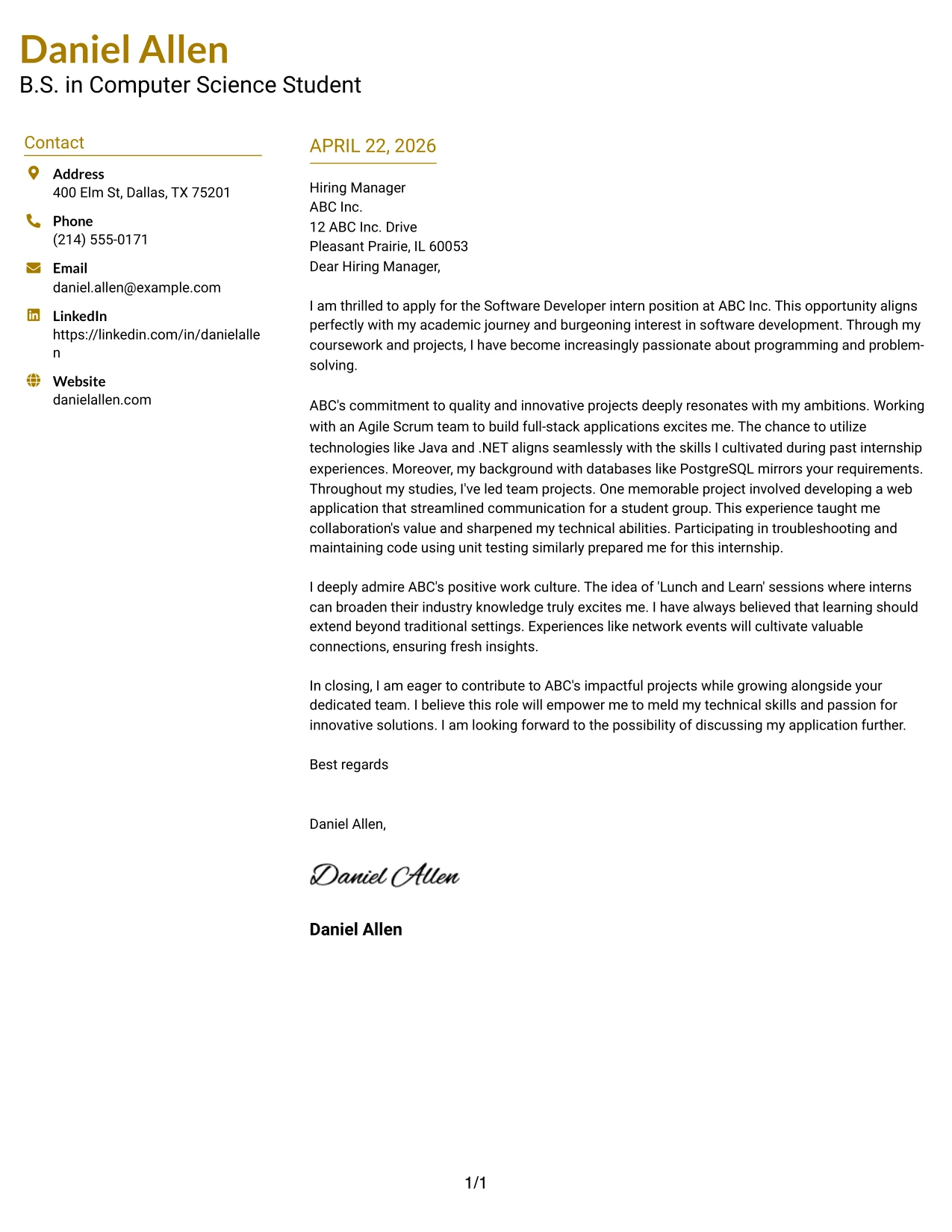 Software Developer Internship Cover Letter Example Top Left Header Color Accent Format
