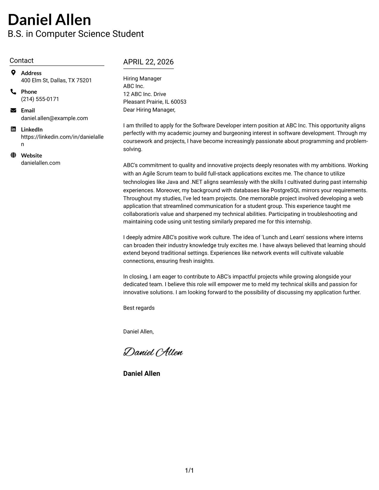 Software Developer Internship Cover Letter Example Left Aligned Header Clean Two Column Format