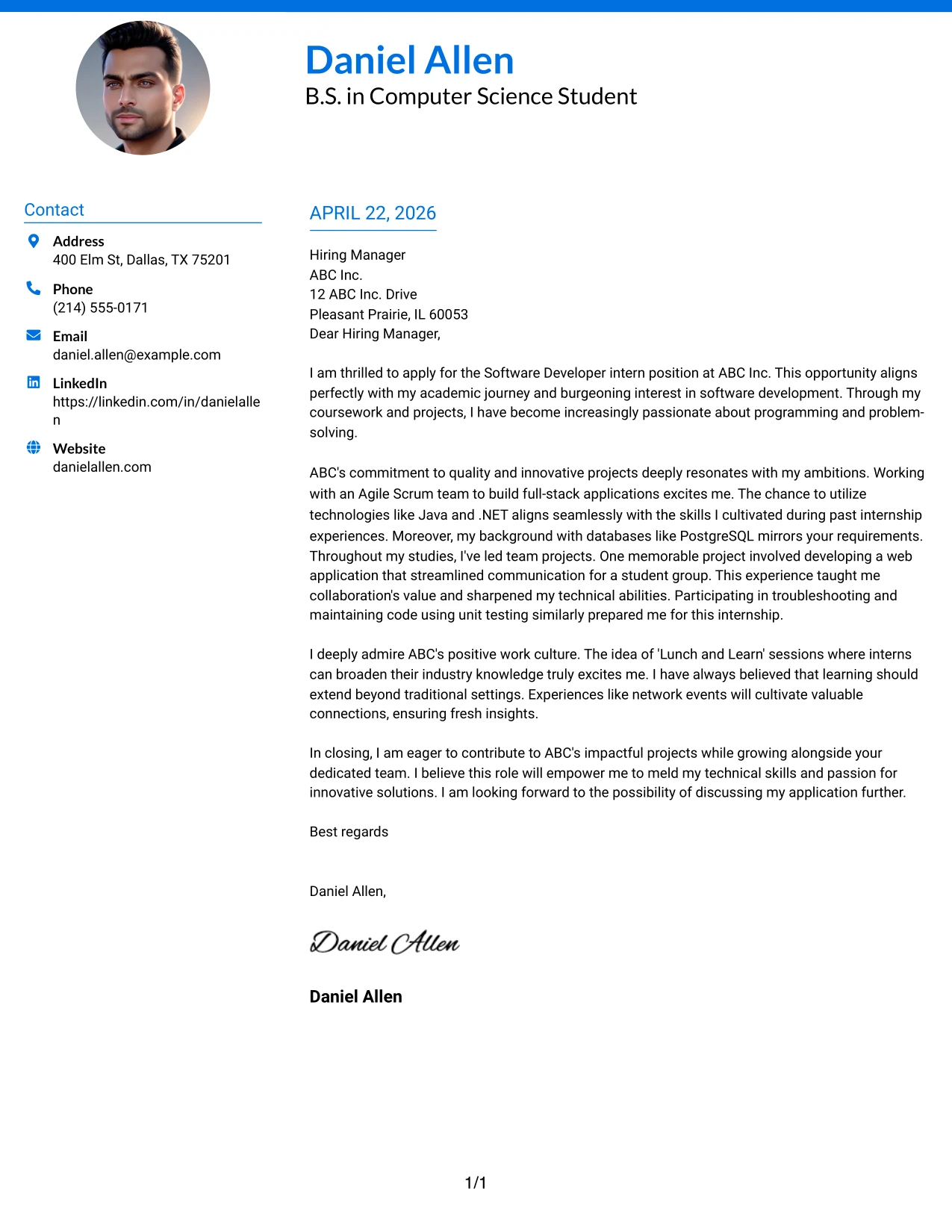Software Developer Internship Cover Letter Example Photo Header Color Accent International Format
