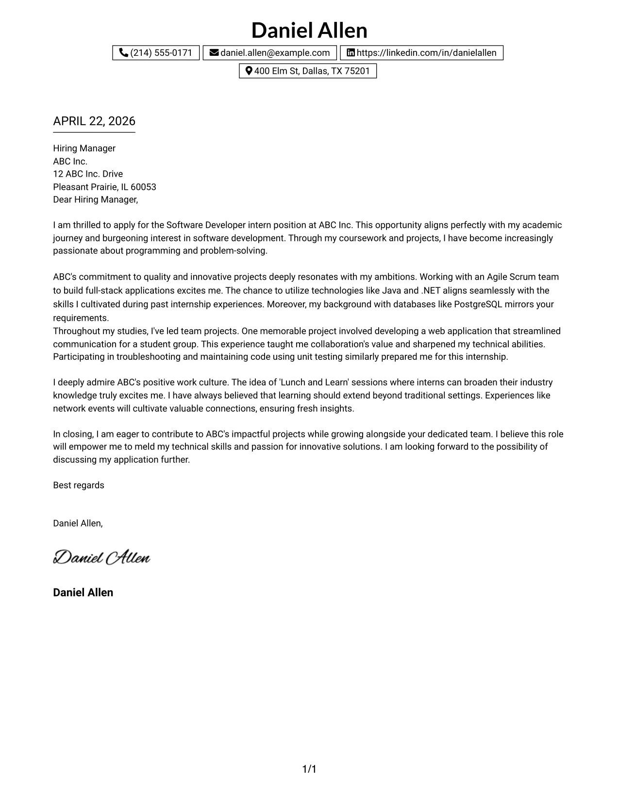 Software Developer Internship Cover Letter Example One Column Boxed Contact Header Format