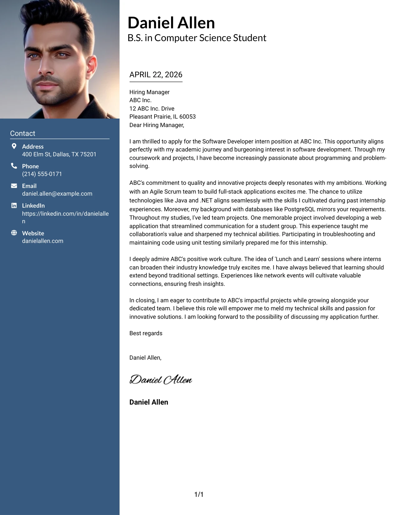 Software Developer Internship Cover Letter Example with Photo Header