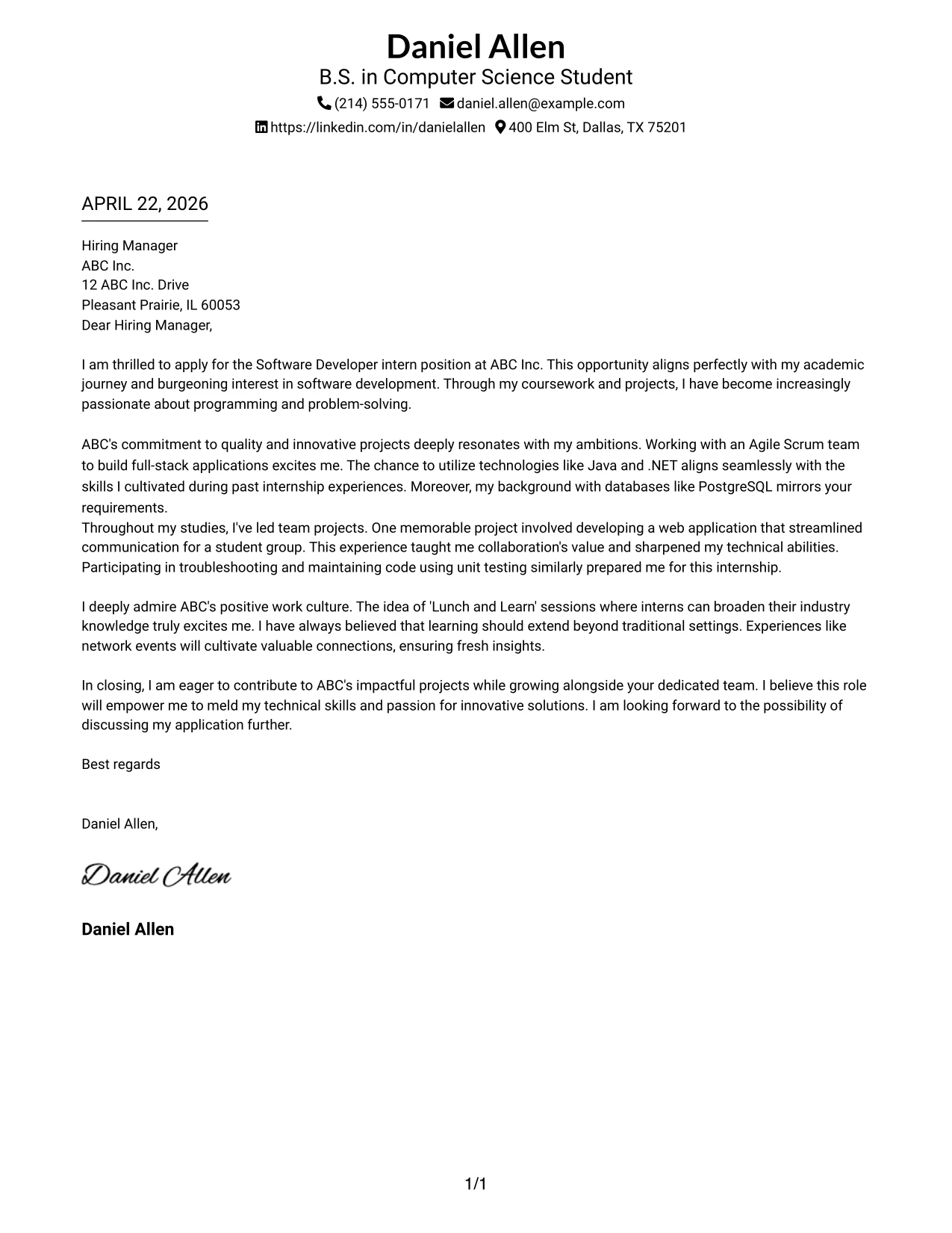Software Developer Internship Cover Letter Example Two-Line Contact Header with Underlined Date Format