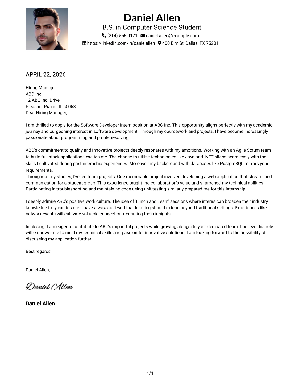 Software Developer Internship Cover Letter Example One Column Format with Photo