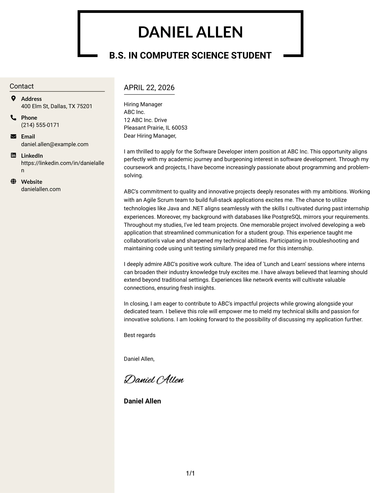 Software Developer Internship Cover Letter Example Stylish Two Column Designer Format