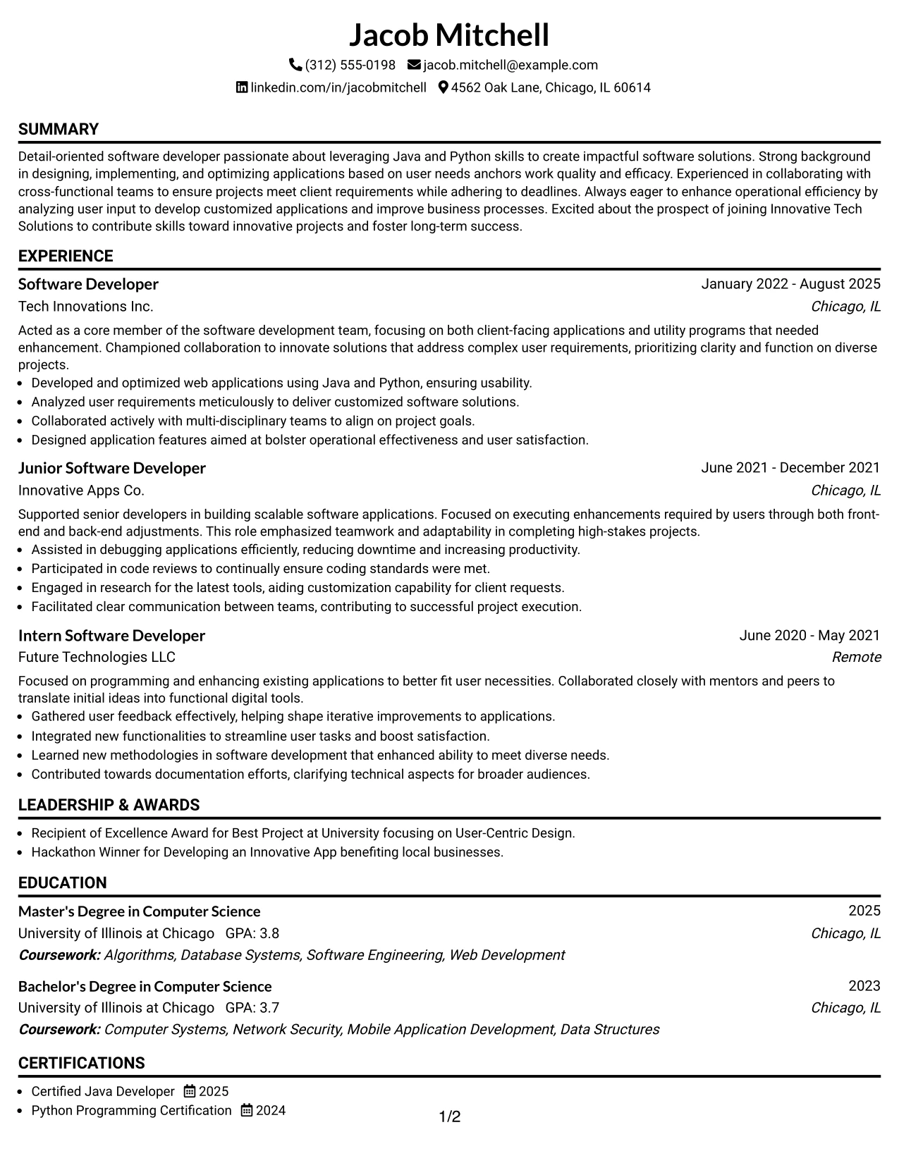 Resume Example Page 1