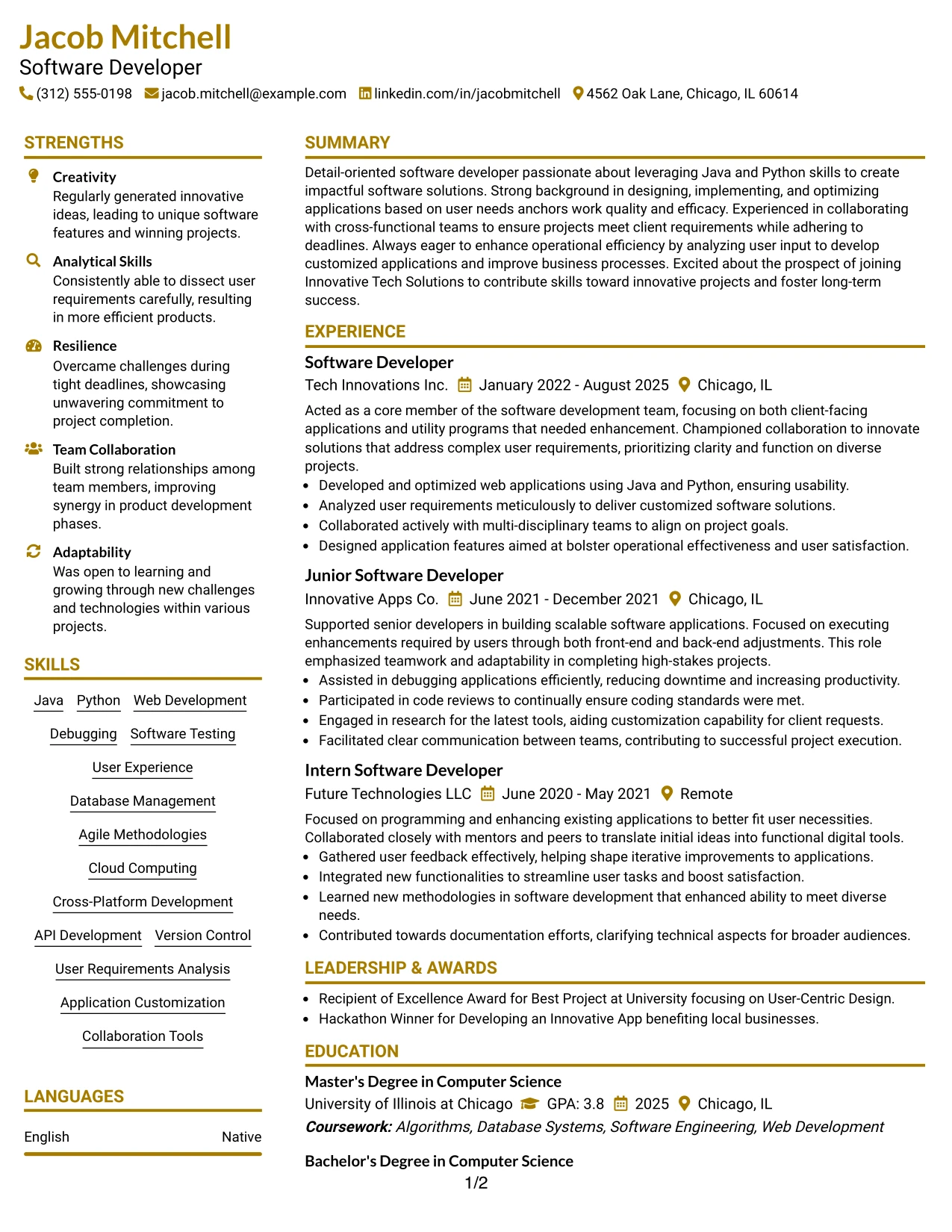 Resume Example Page 1